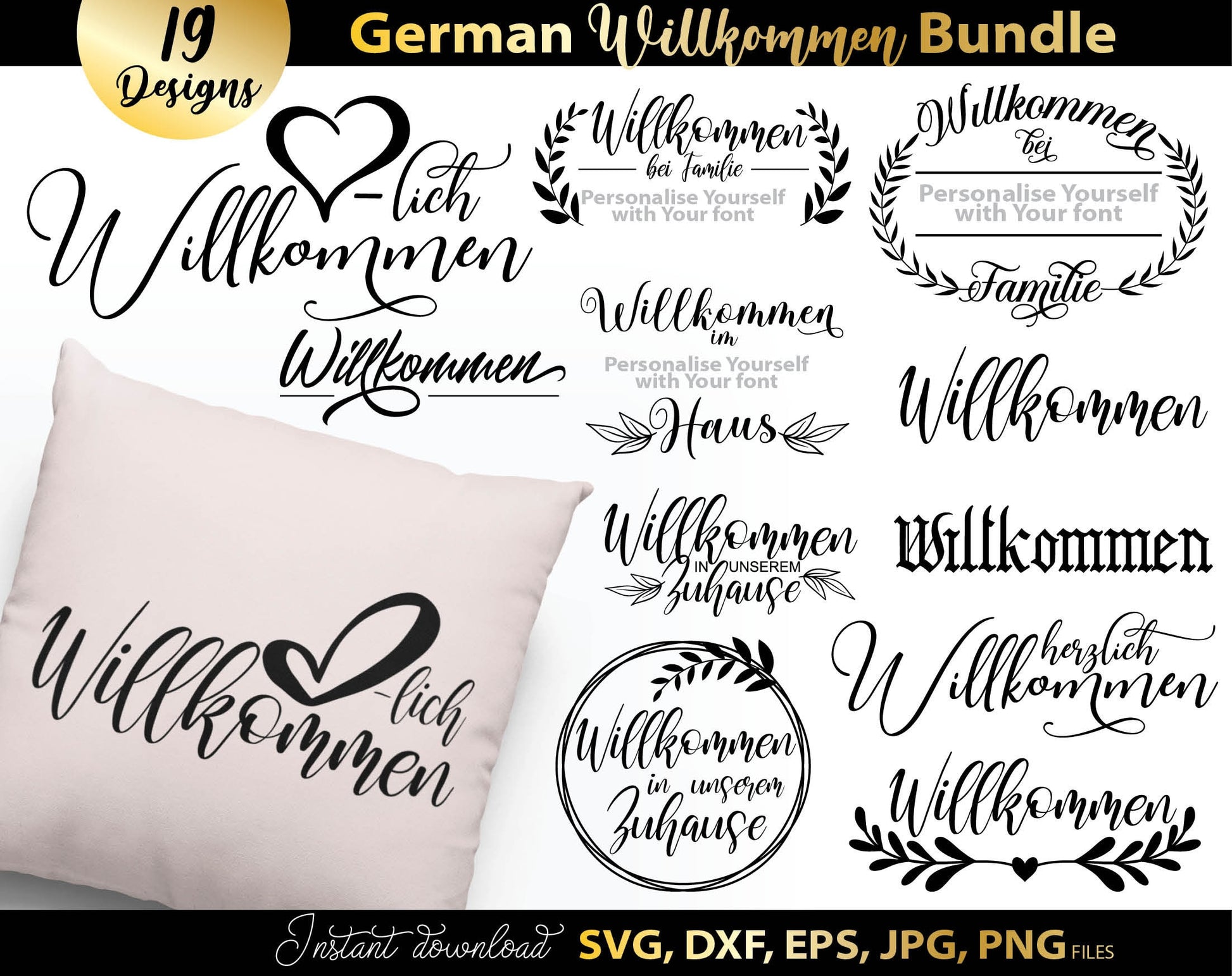 German Willkommen Plotter Files Bundle with German Welcome To Our Home Plotter Files. SVG DXF EPS PNG JPG files included. Use for cutting from vinyl, sublimation or laser cut or grave projects as well. Buy now for a good price and enjoy!