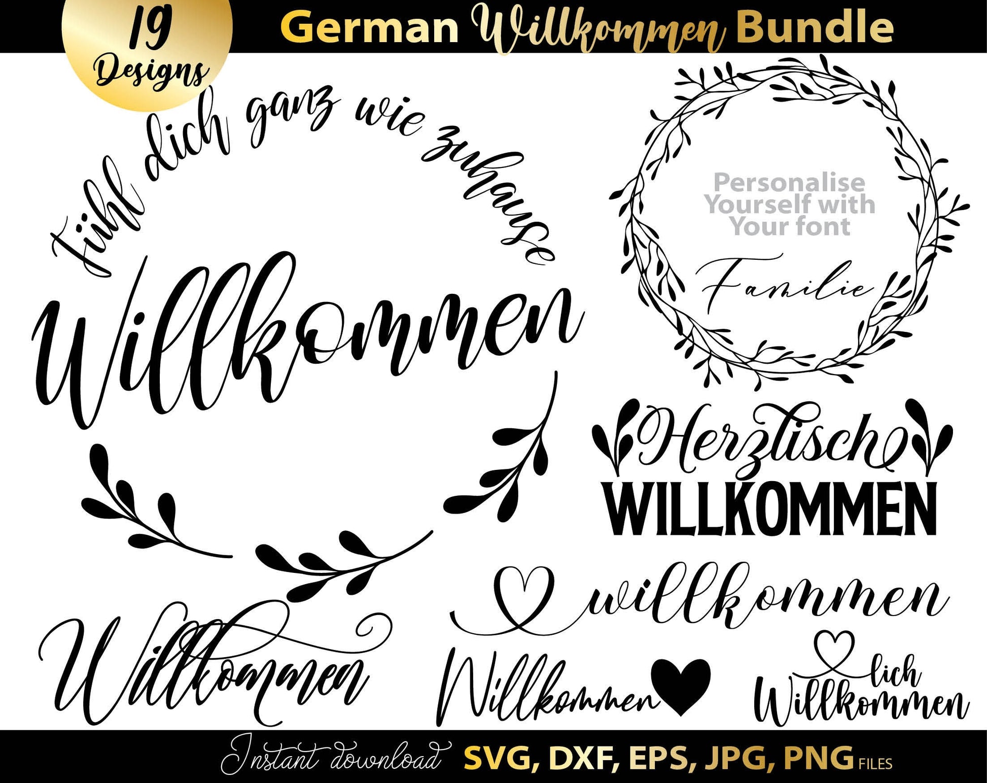 German Willkommen Plotter Files Bundle with German Welcome To Our Home Plotter Files. SVG DXF EPS PNG JPG files included. Use for cutting from vinyl, sublimation or laser cut or grave projects as well. Buy now for a good price and enjoy!