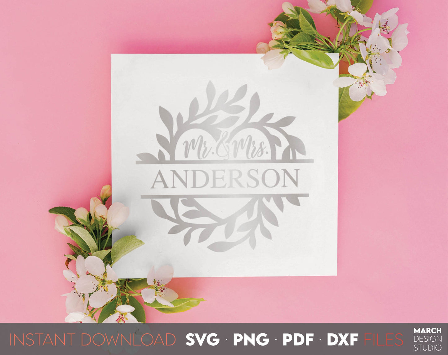 I have made these Mr and Mrs Wedding Sign design, and I hope you can use this wedding signage to surprise your loved ones with floral wreath frame in acrylic wedding or other wedding party. SVG, PNG, PDF and DXF files included. Buy now and enjoy!