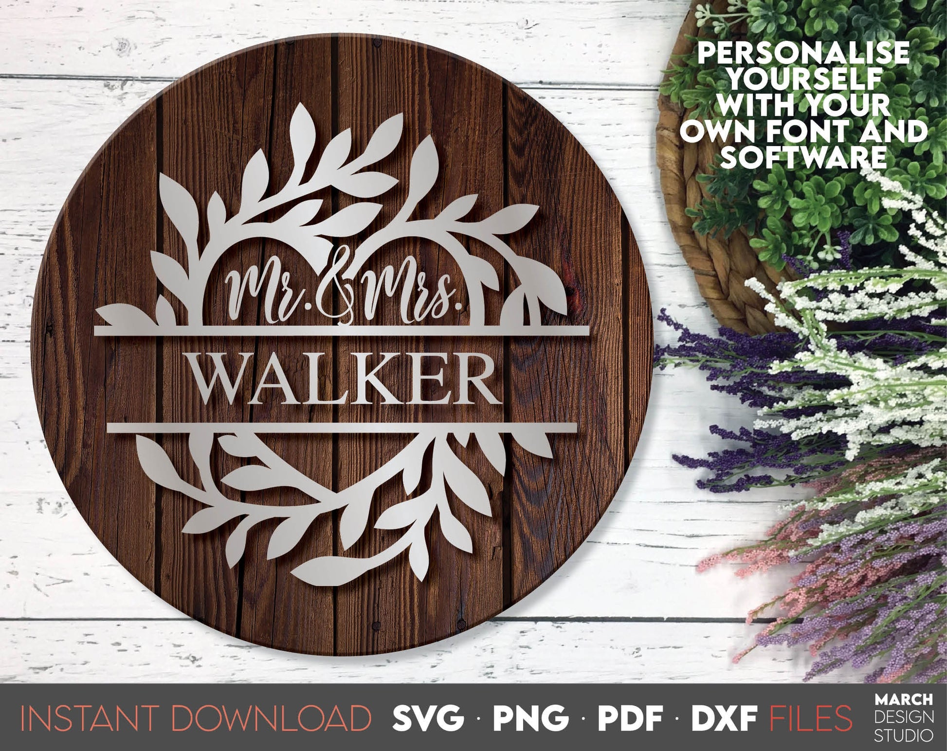 I have made these Mr and Mrs Wedding Sign design, and I hope you can use this wedding signage to surprise your loved ones with floral wreath frame in acrylic wedding or other wedding party. SVG, PNG, PDF and DXF files included. Buy now and enjoy!