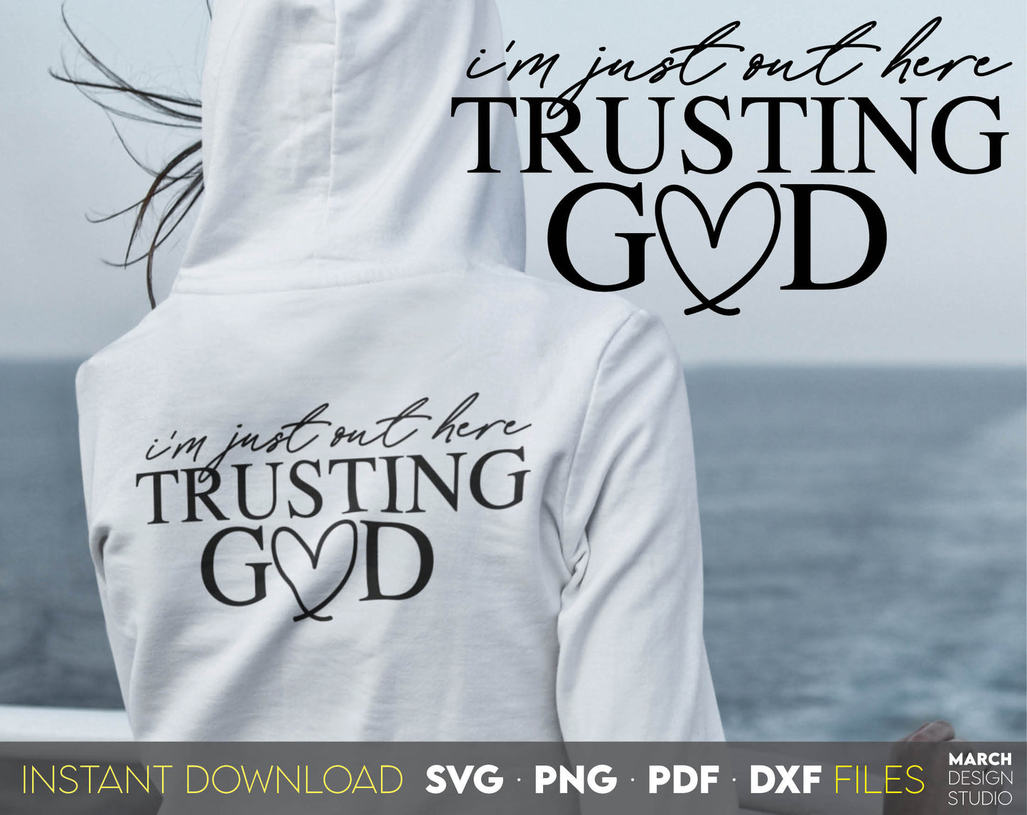 Im just out here trusting God. Inspirational and religious quote for Your gift ideas. SVG, PNG, PDF and DXF files included. Use for cutting from vinyl, sublimation or laser cut projects. Compatible with Cricut, Silhouette and other equipment. Buy now