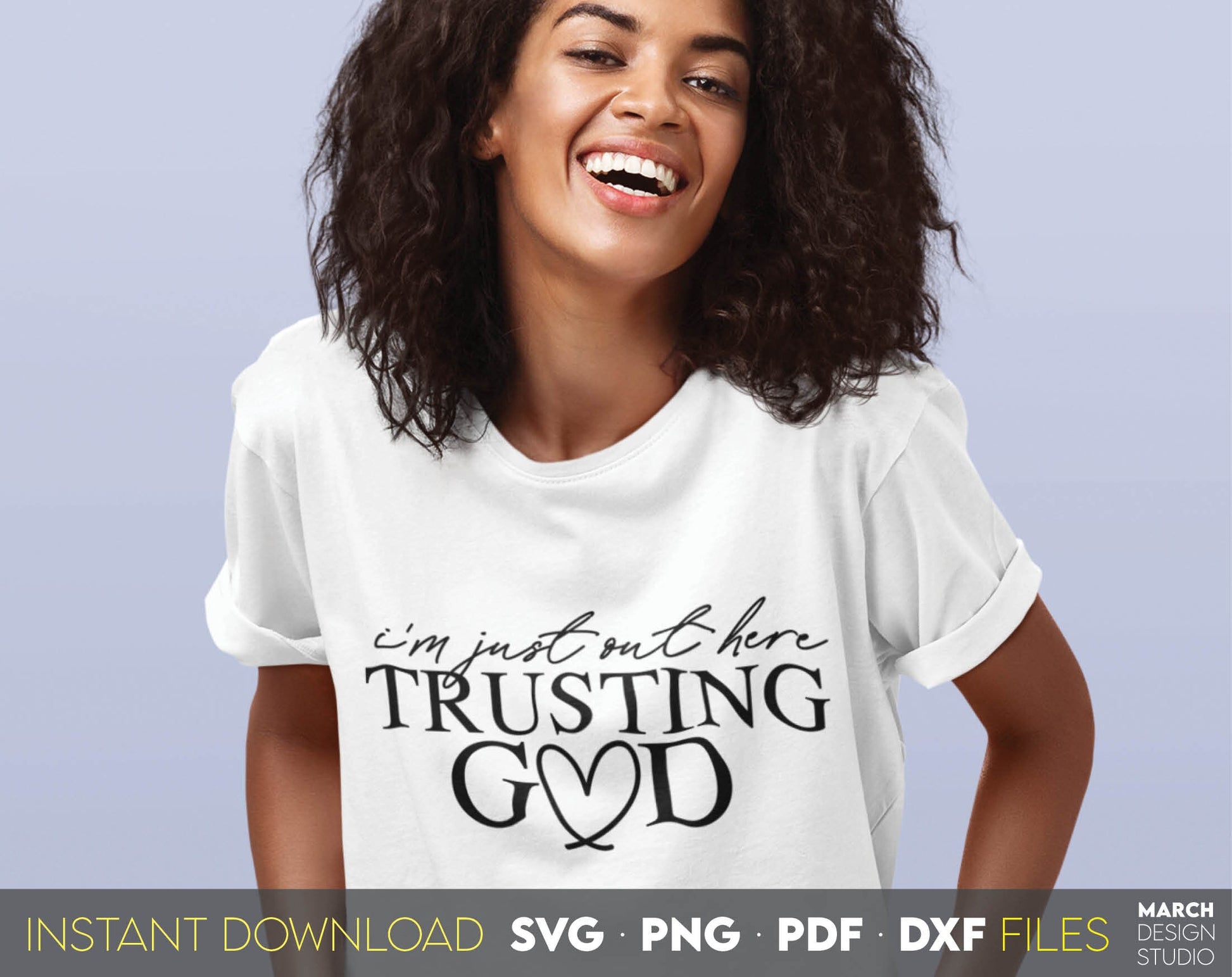 Im just out here trusting God. Inspirational and religious quote for Your gift ideas. SVG, PNG, PDF and DXF files included. Use for cutting from vinyl, sublimation or laser cut projects. Compatible with Cricut, Silhouette and other equipment. Buy now