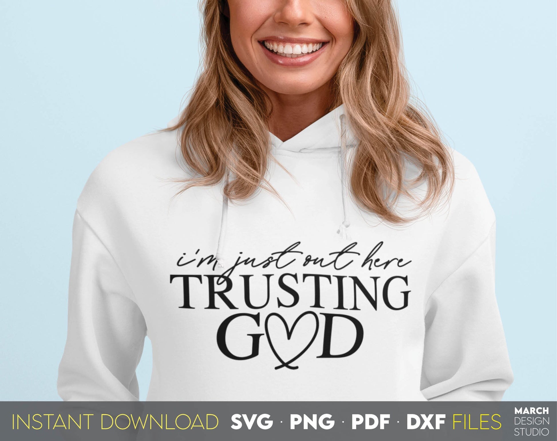 Im just out here trusting God. Inspirational and religious quote for Your gift ideas. SVG, PNG, PDF and DXF files included. Use for cutting from vinyl, sublimation or laser cut projects. Compatible with Cricut, Silhouette and other equipment. Buy now