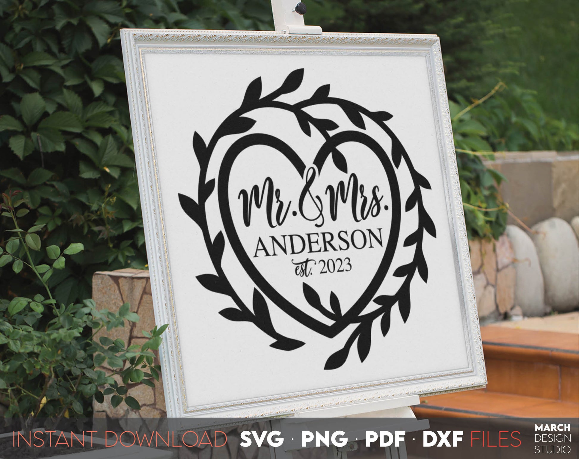 I have made these Mr and Mrs Wedding Sign design, and I hope you can use this wedding signage to surprise your loved ones with floral wreath frame in acrylic wedding or other wedding party. SVG, PNG, PDF and DXF files included. Buy now and enjoy!