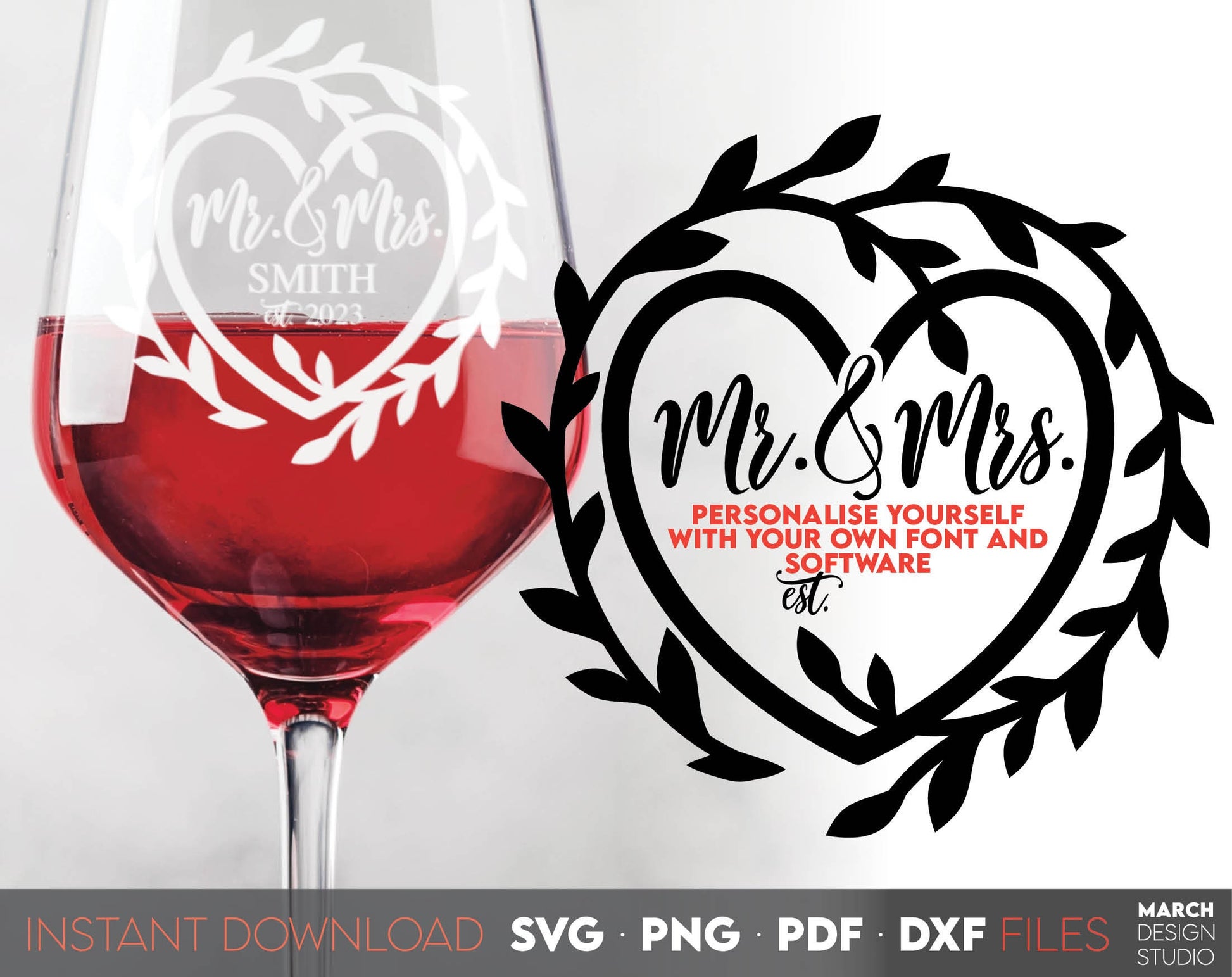 I have made these Mr and Mrs Wedding Sign design, and I hope you can use this wedding signage to surprise your loved ones with floral wreath frame in acrylic wedding or other wedding party. SVG, PNG, PDF and DXF files included. Buy now and enjoy!