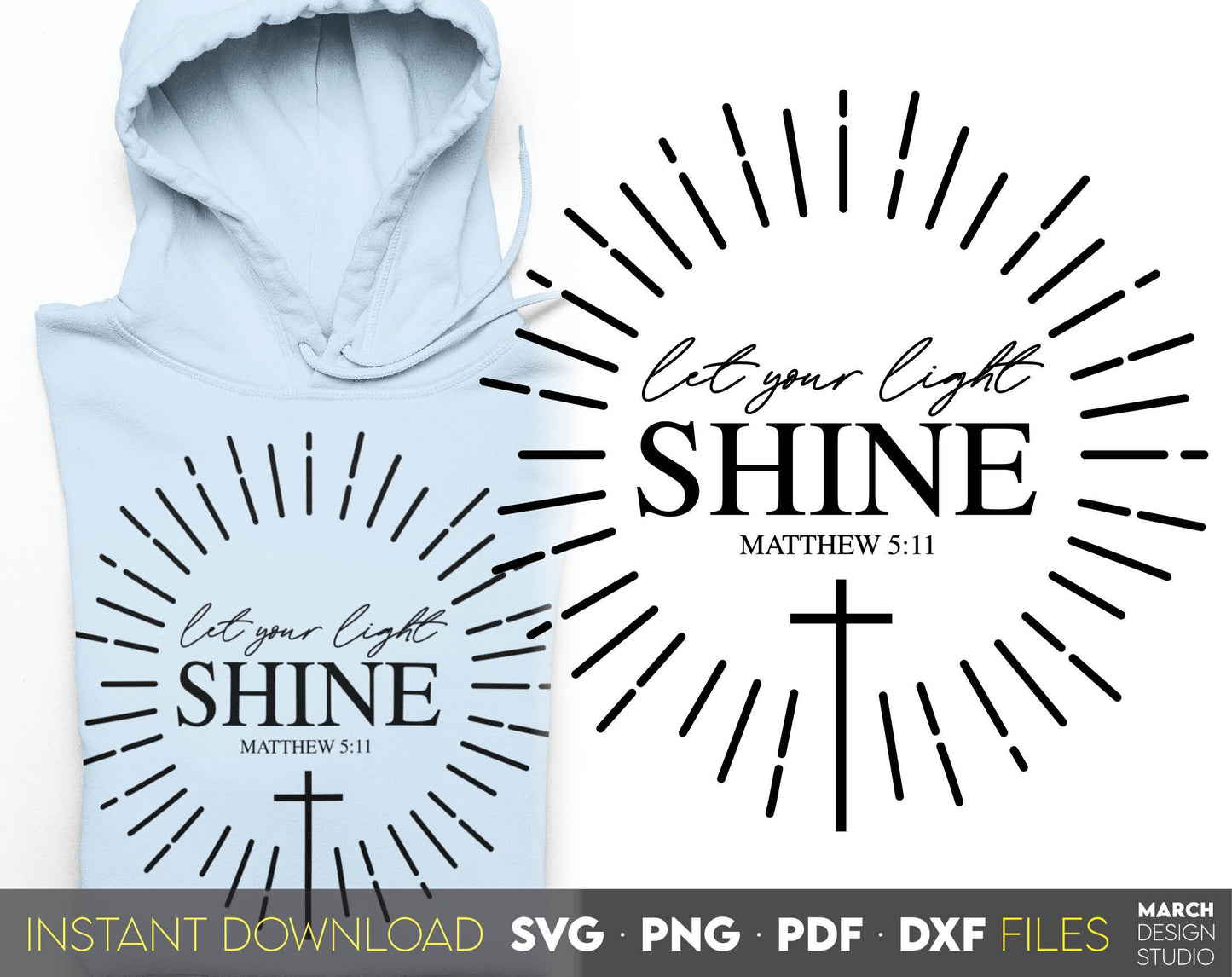 Let Your Light Shine. Inspirational and religious quote for Your gift ideas. SVG, PNG, PDF and DXF files included. Use for cutting from vinyl, sublimation or laser cut projects. Compatible with Cricut, Silhouette and other equipment. Buy now!