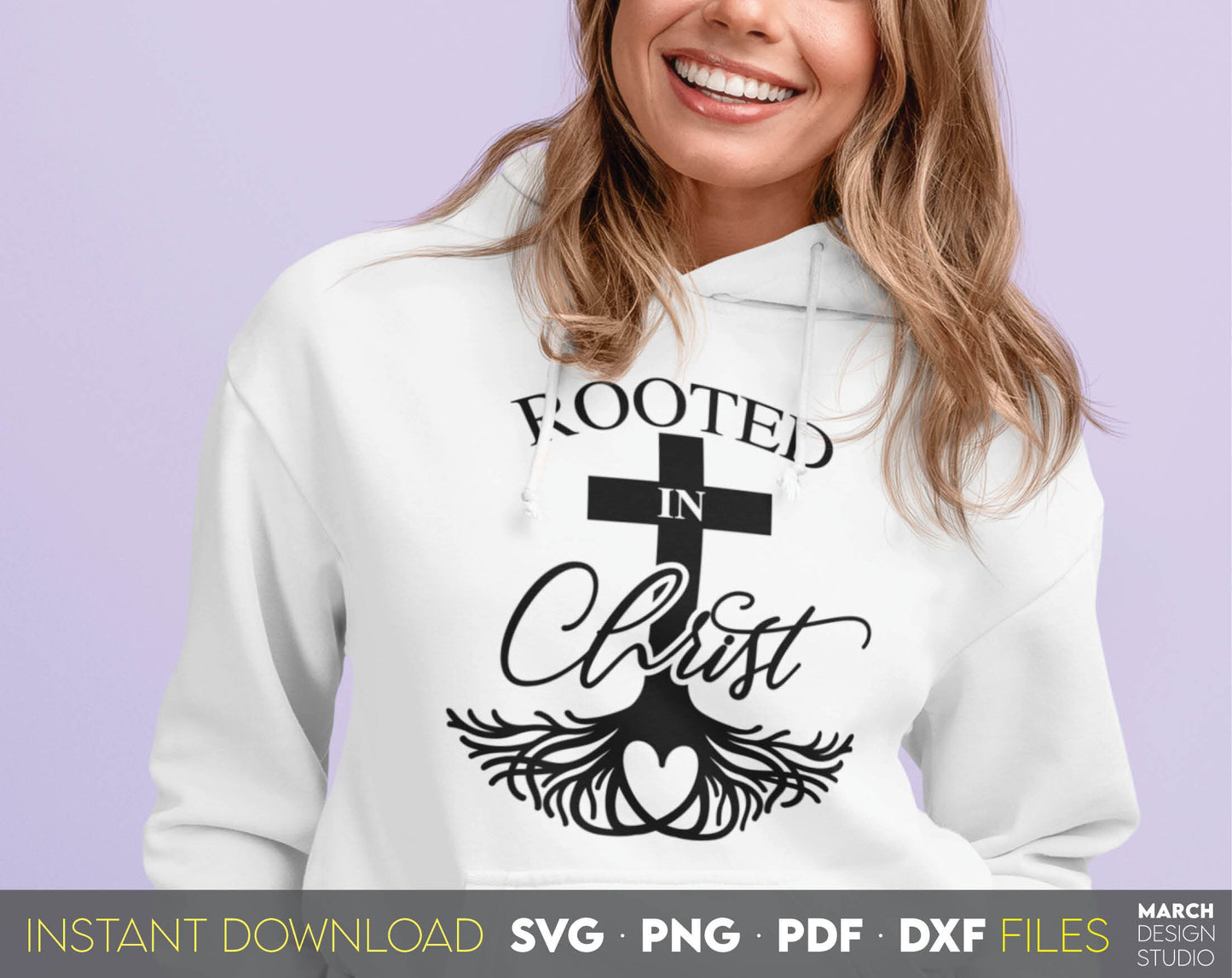 Rooted In Christ and trusting God. Inspirational and religious quote for Your gift ideas. SVG, PNG, PDF and DXF files included. Use for cutting from vinyl, sublimation or laser cut projects. Compatible with Cricut, Silhouette and other equipment. Buy