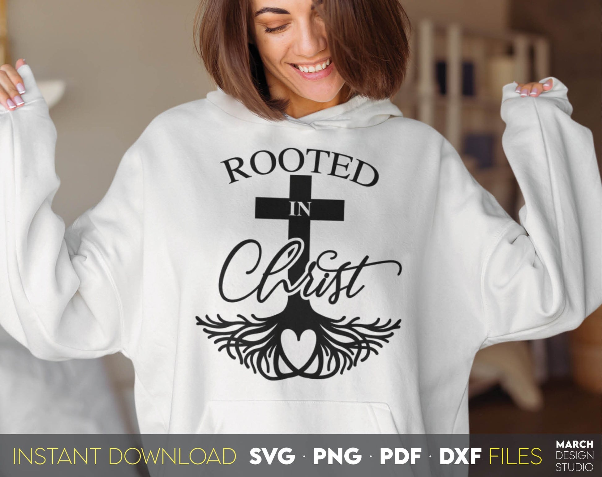 Rooted In Christ and trusting God. Inspirational and religious quote for Your gift ideas. SVG, PNG, PDF and DXF files included. Use for cutting from vinyl, sublimation or laser cut projects. Compatible with Cricut, Silhouette and other equipment. Buy