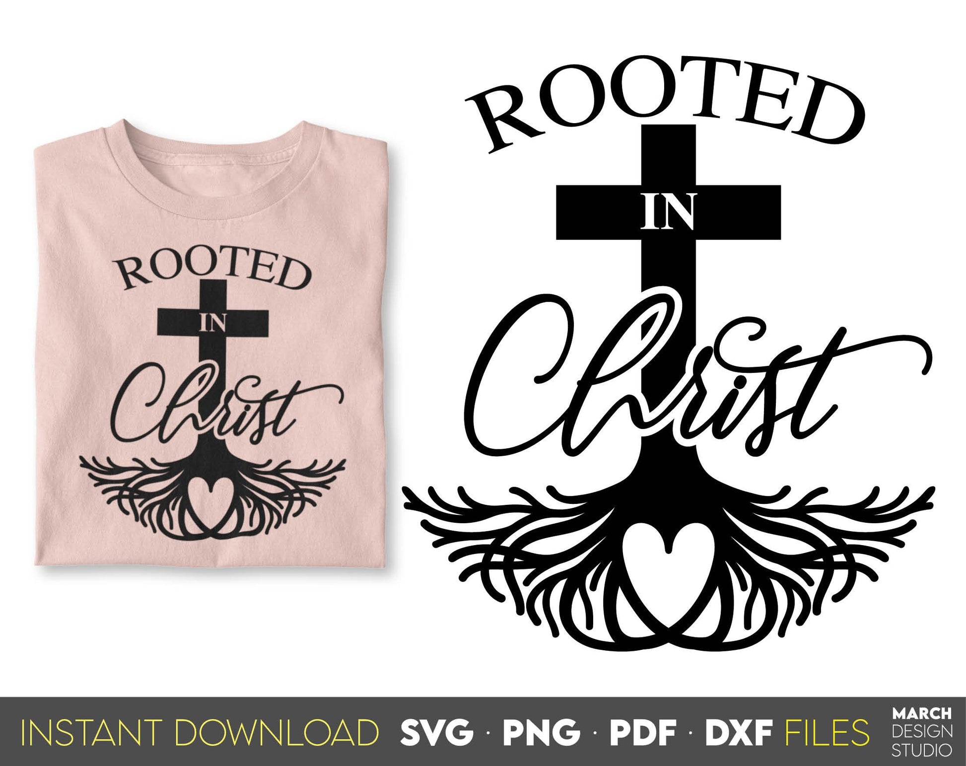 Rooted In Christ and trusting God. Inspirational and religious quote for Your gift ideas. SVG, PNG, PDF and DXF files included. Use for cutting from vinyl, sublimation or laser cut projects. Compatible with Cricut, Silhouette and other equipment. Buy