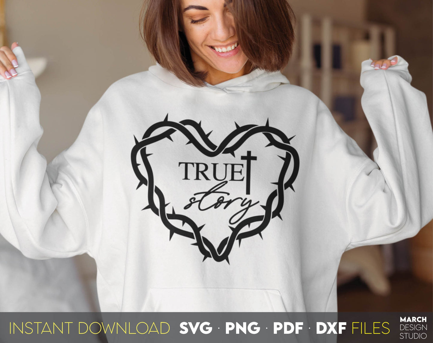 True Love and true Story. Inspirational and religious quote for Your gift ideas. SVG, PNG, PDF and DXF files included. Use for cutting from vinyl, sublimation or laser cut projects. Compatible with Cricut, Silhouette and other equipment. Buy now!