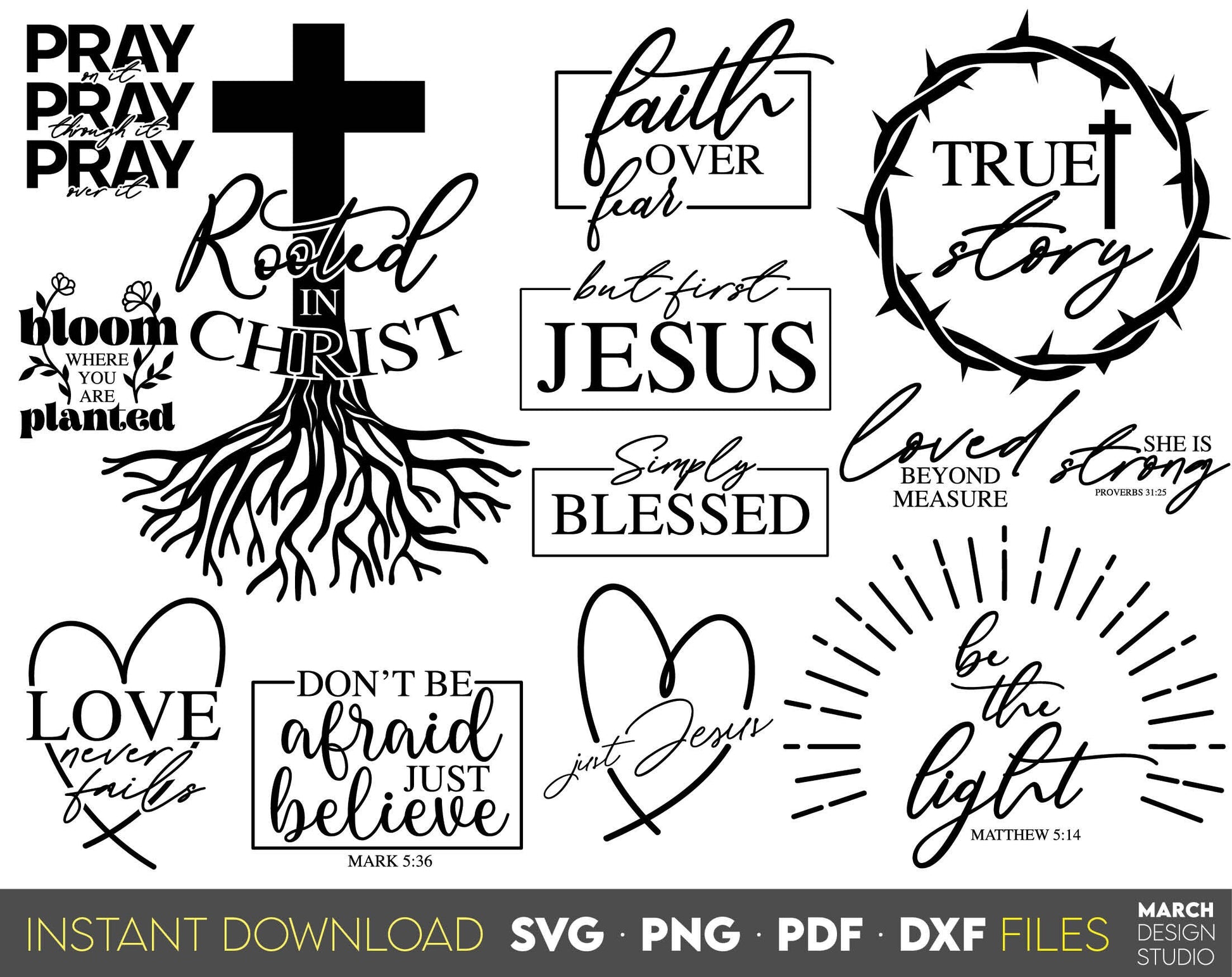 Christian svg bundle. Inspirational and religious quote for Your gift ideas. SVG, PNG, PDF and DXF files included. Use for cutting from vinyl, sublimation or laser cut projects. Compatible with Cricut, Silhouette and other equipment. Buy now!