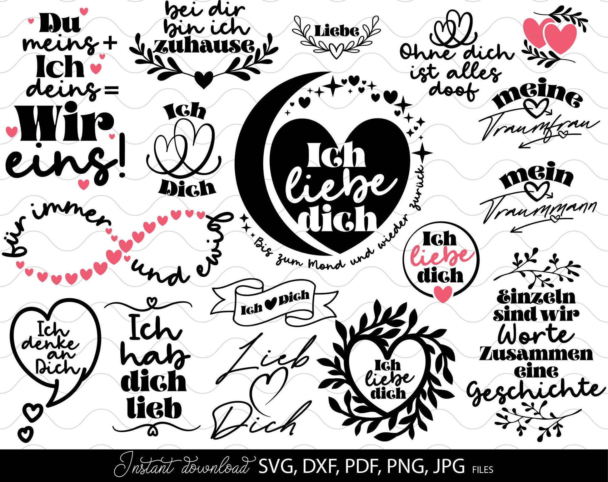 German Liebe Quotes Plotter File SVG PNG DXF, PDF files included. Compatible with Cricut, Silhouette and others machines. Use for sublimation or laser cut projects as well. Buy now for a good - discount price. Enjoy!