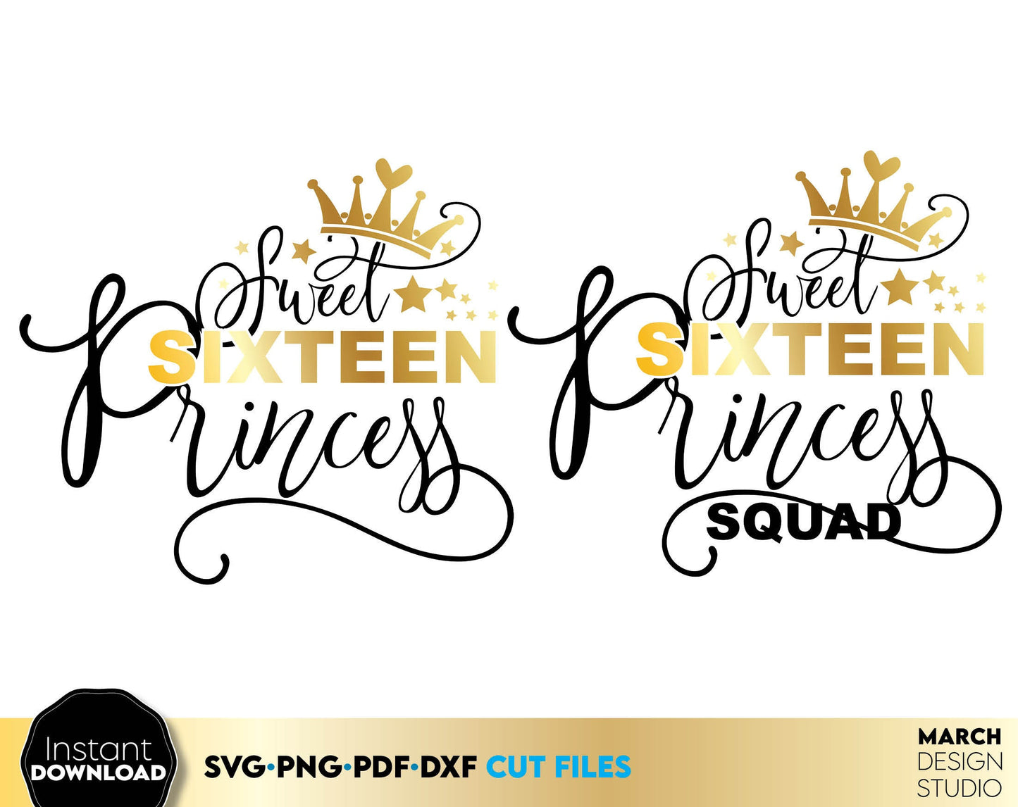 Cute sweet sixteen princess and her squad matching shirts designs for Birthday party. SVG, PNG, PDF, DXF files included. Compatible with Cricut, Silhouette and other equipment. Usable for sublimation and laser projects as well. But now and enjoy!