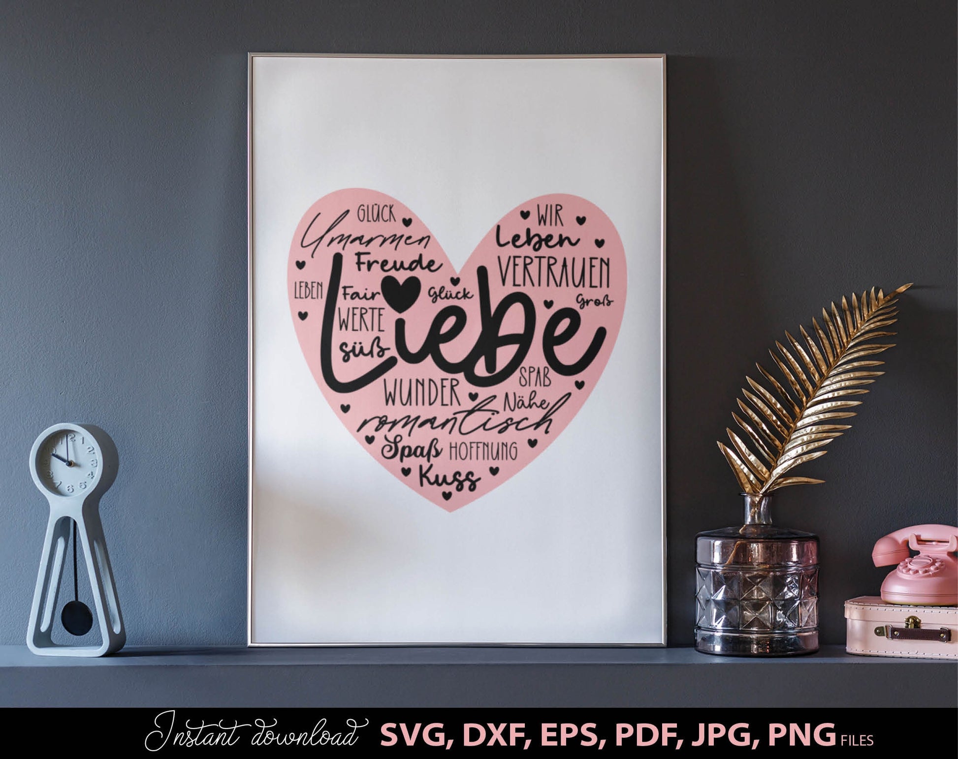 German Liebe Herz Plotter File SVG PNG DXF, PDF, EPS, PDF files included. Compatible with Cricut, Silhouette and others machines. Use for sublimation or laser cut projects as well. Buy now for a good - discount price. Enjoy!