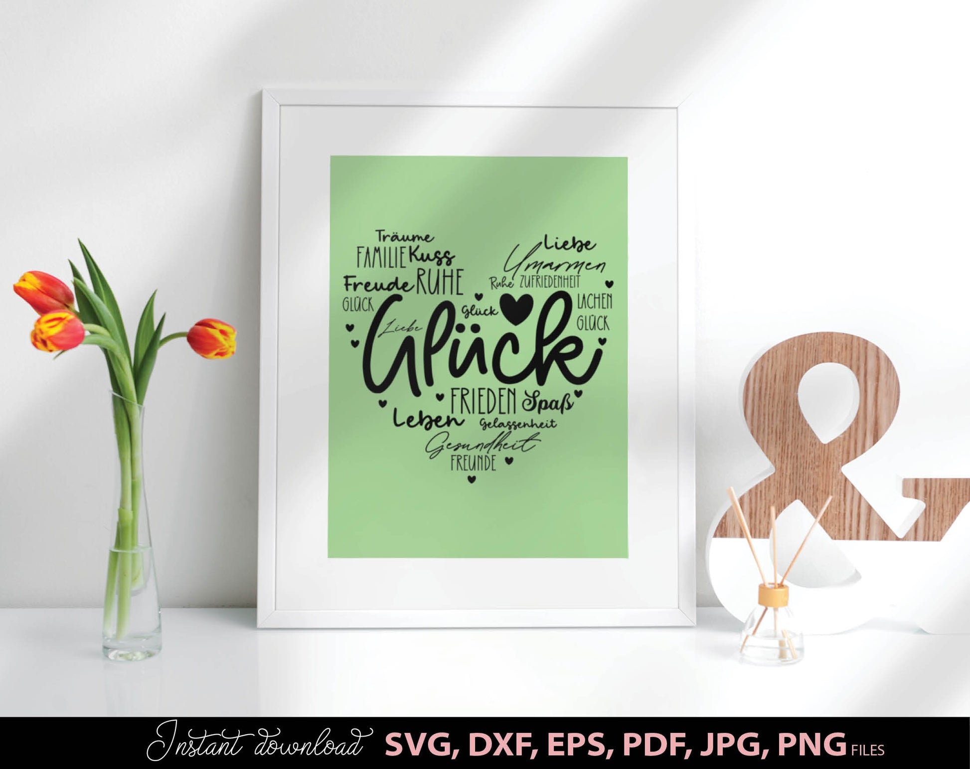 German Heart Desires Happiness Plotter File SVG DXF PNG JPG EPS and PDF Gluck Heart plot file. Compatible with Cricut, Silhouette and others machines. Use for sublimation or laser cut projects as well. Buy now for a good price and enjoy!