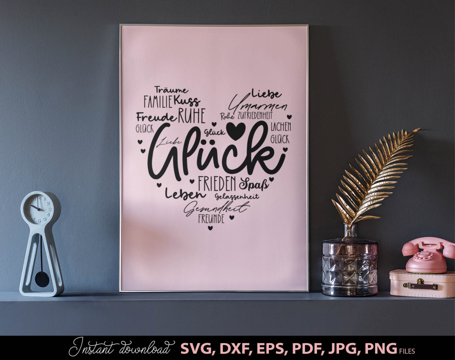 German Heart Desires Happiness Plotter File SVG DXF PNG JPG EPS and PDF Gluck Heart plot file. Compatible with Cricut, Silhouette and others machines. Use for sublimation or laser cut projects as well. Buy now for a good price and enjoy!