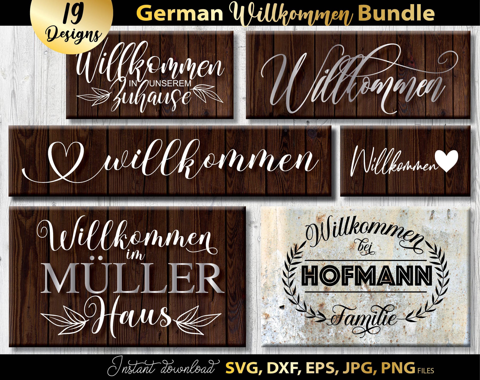 German Willkommen Plotter Files Bundle with German Welcome To Our Home Plotter Files. SVG DXF EPS PNG JPG files included. Use for cutting from vinyl, sublimation or laser cut or grave projects as well. Buy now for a good price and enjoy!