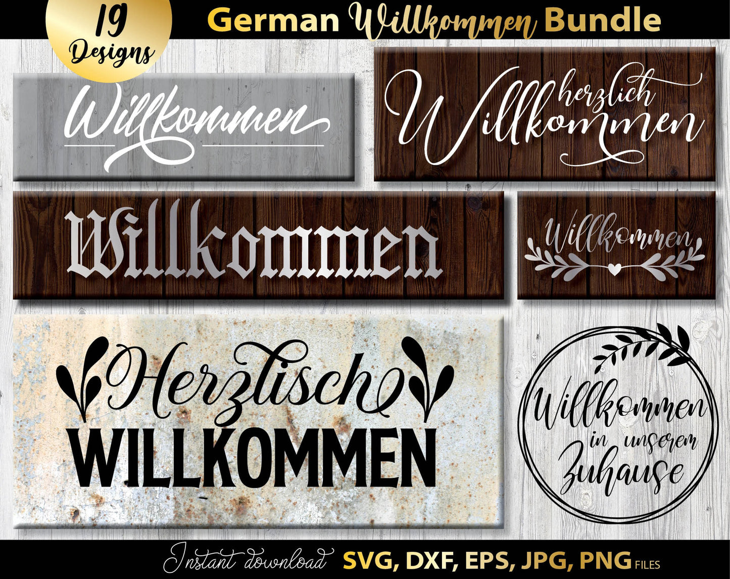 German Willkommen Plotter Files Bundle with German Welcome To Our Home Plotter Files. SVG DXF EPS PNG JPG files included. Use for cutting from vinyl, sublimation or laser cut or grave projects as well. Buy now for a good price and enjoy!