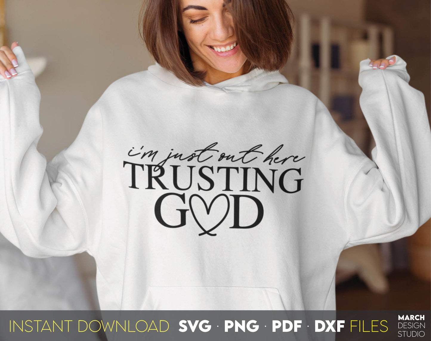 Im just out here trusting God. Inspirational and religious quote for Your gift ideas. SVG, PNG, PDF and DXF files included. Use for cutting from vinyl, sublimation or laser cut projects. Compatible with Cricut, Silhouette and other equipment. Buy now