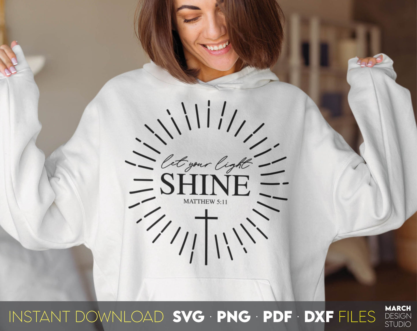 Let Your Light Shine. Inspirational and religious quote for Your gift ideas. SVG, PNG, PDF and DXF files included. Use for cutting from vinyl, sublimation or laser cut projects. Compatible with Cricut, Silhouette and other equipment. Buy now!