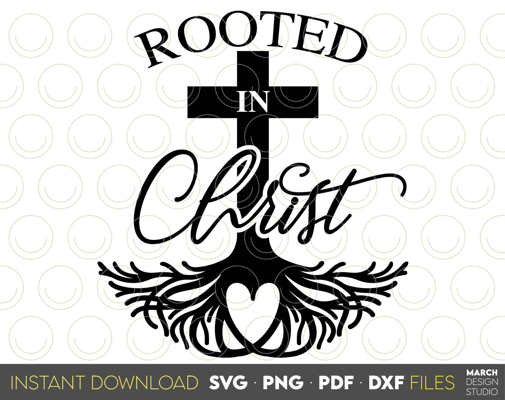 Rooted In Christ and trusting God. Inspirational and religious quote for Your gift ideas. SVG, PNG, PDF and DXF files included. Use for cutting from vinyl, sublimation or laser cut projects. Compatible with Cricut, Silhouette and other equipment. Buy