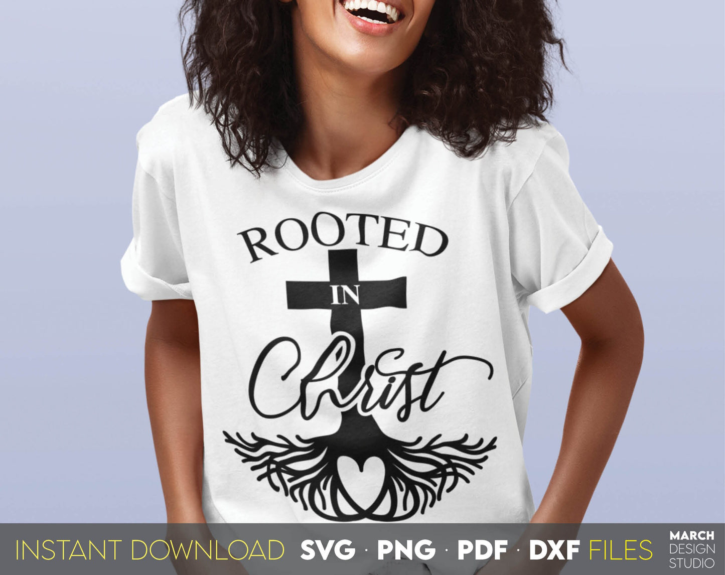 Rooted In Christ and trusting God. Inspirational and religious quote for Your gift ideas. SVG, PNG, PDF and DXF files included. Use for cutting from vinyl, sublimation or laser cut projects. Compatible with Cricut, Silhouette and other equipment. Buy