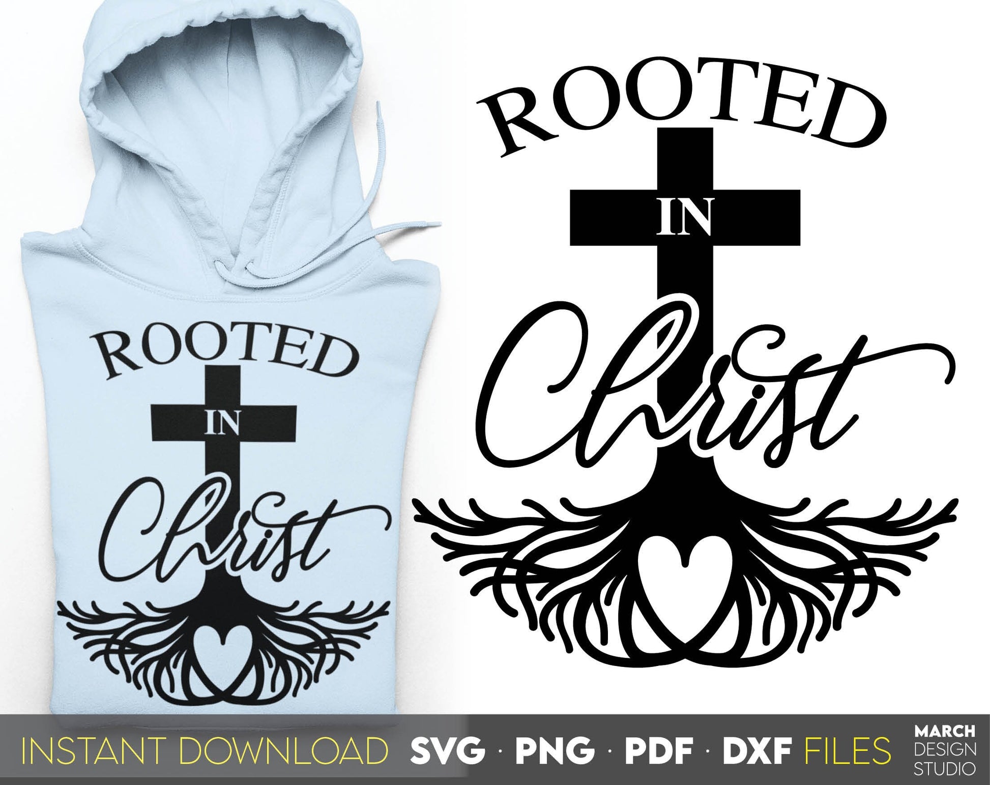 Rooted In Christ and trusting God. Inspirational and religious quote for Your gift ideas. SVG, PNG, PDF and DXF files included. Use for cutting from vinyl, sublimation or laser cut projects. Compatible with Cricut, Silhouette and other equipment. Buy