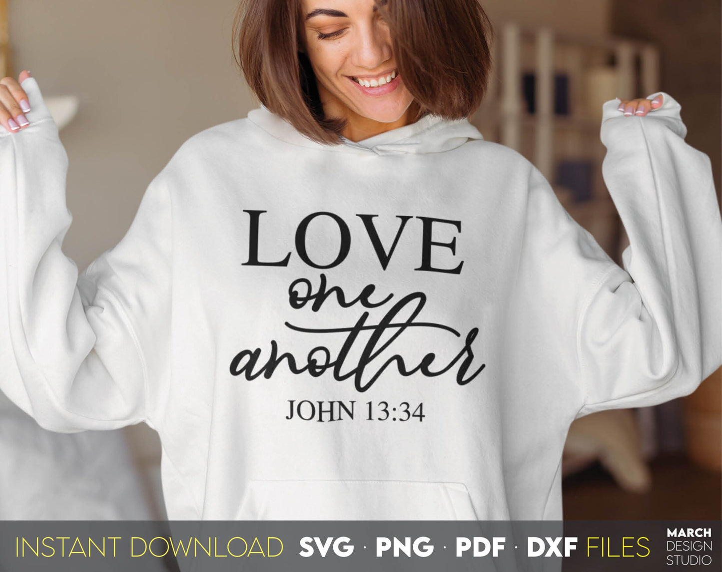 Love One Another. Inspirational and religious quote for Your gift ideas. SVG, PNG, PDF and DXF files included. Use for cutting from vinyl, sublimation or laser cut projects. Compatible with Cricut, Silhouette and other equipment. Buy now!