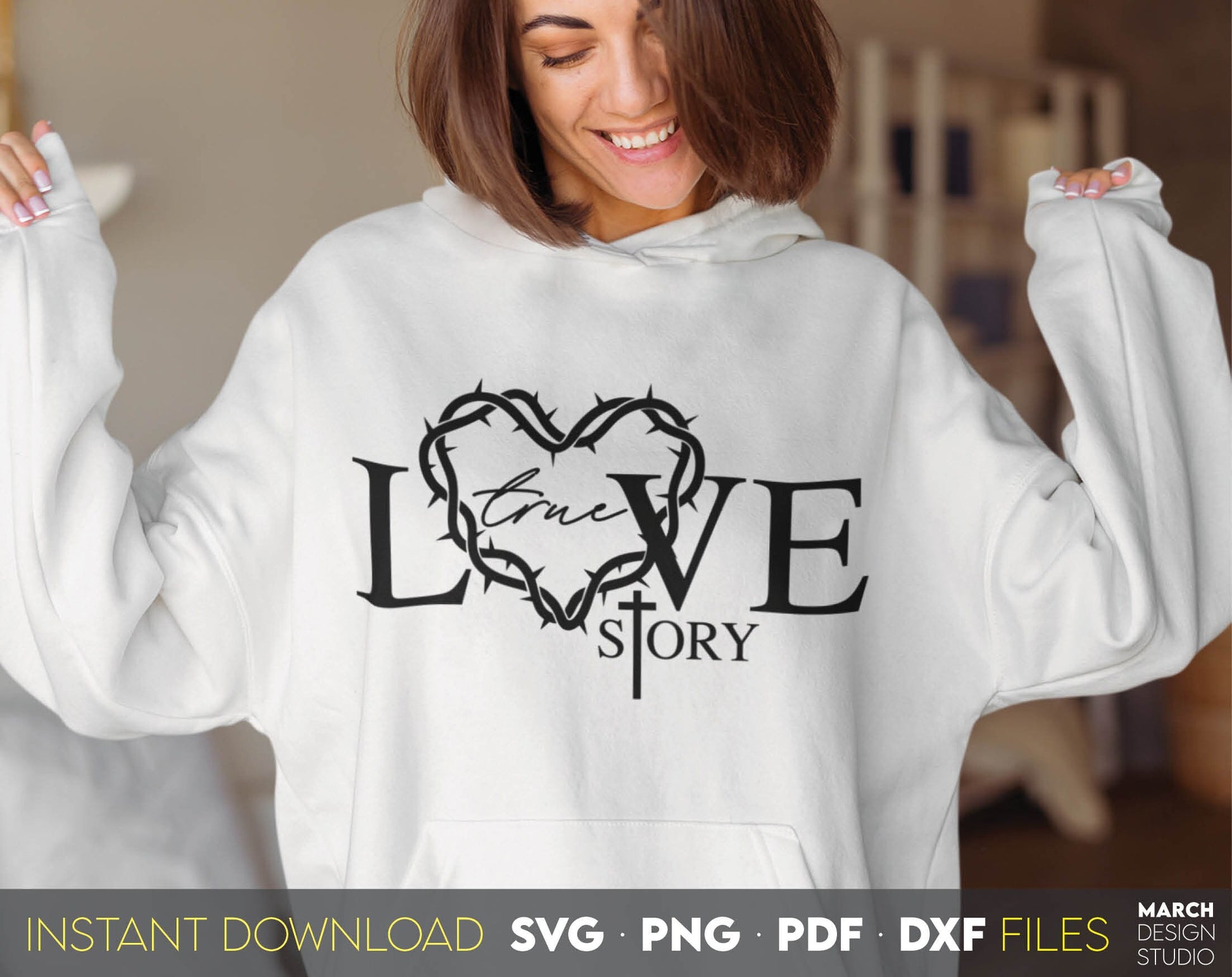 True Love Story bible verse. Inspirational and religious quote for Your gift ideas. SVG, PNG, PDF and DXF files included. Use for cutting from vinyl, sublimation or laser cut projects. Compatible with Cricut, Silhouette and other equipment. Buy now!