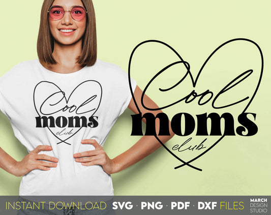 Cool moms club heart design. Use for cups, pillows, shirts, tumblers etc. SVG, PNG, PDF, DXF files included. Use for cutting from vinyl, sublimation or laser cut projects. Compatible with Cricut, Silhouette and other machines. Buy now and enjoy!