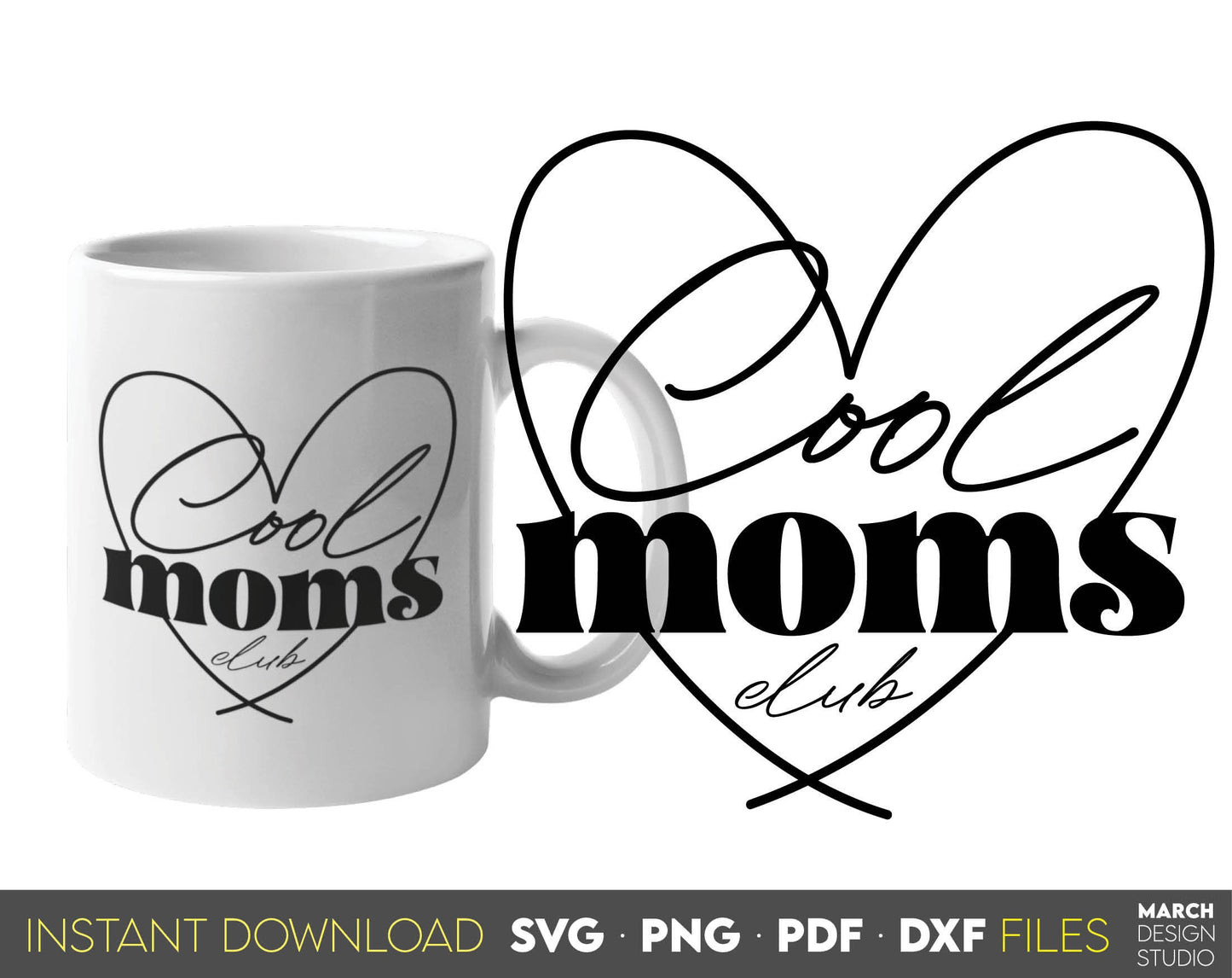 Cool moms club heart design. Use for cups, pillows, shirts, tumblers etc. SVG, PNG, PDF, DXF files included. Use for cutting from vinyl, sublimation or laser cut projects. Compatible with Cricut, Silhouette and other machines. Buy now and enjoy!