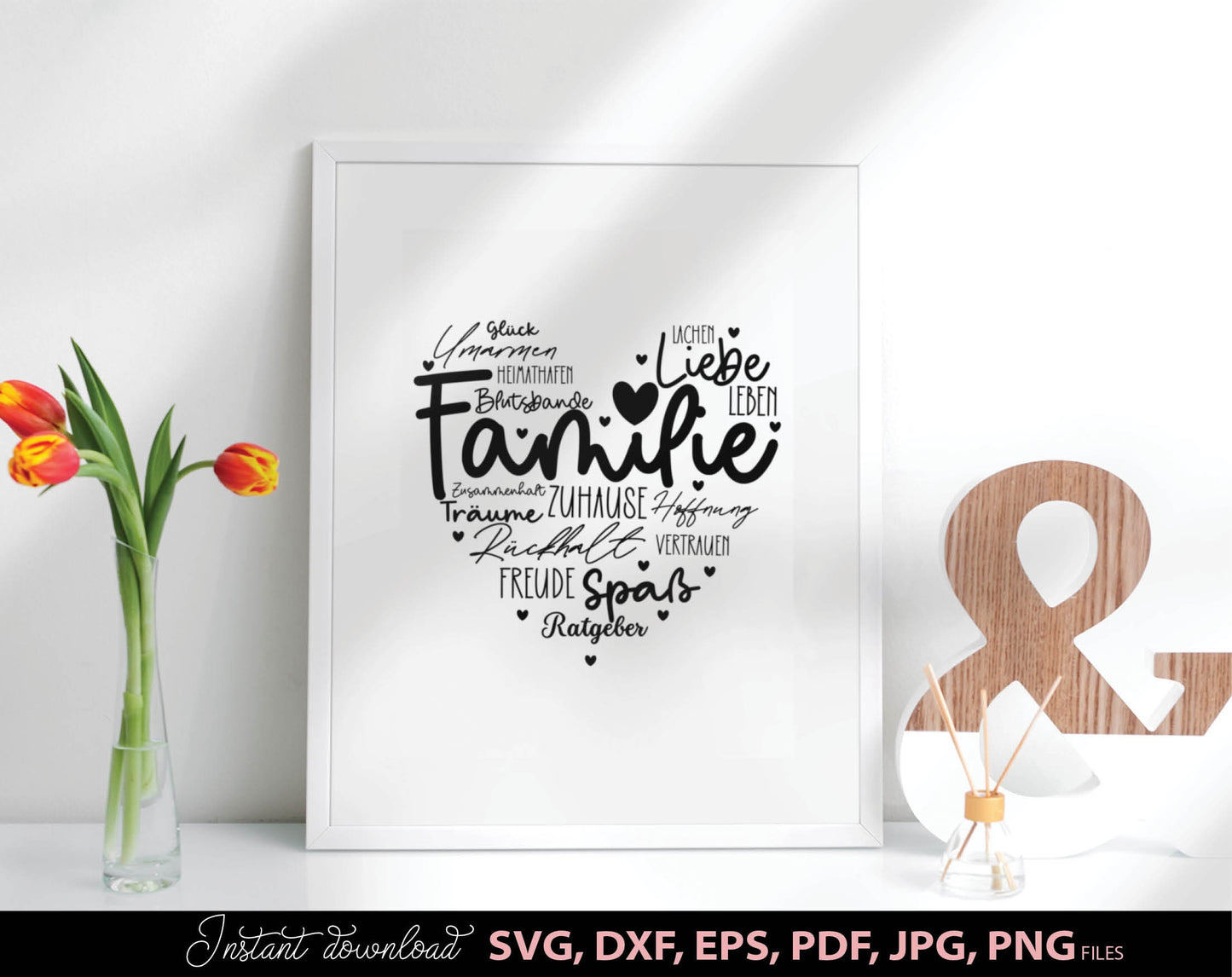 German familie geschenk zuhause freude plotter file. SVG DXF EPS PDF JPG PNG files included. Compatible with Cricut, Silhouette or other equipment. Cut from vinyl, use for sublimation or laser cut or grave projects as well. Buy now for a good price!