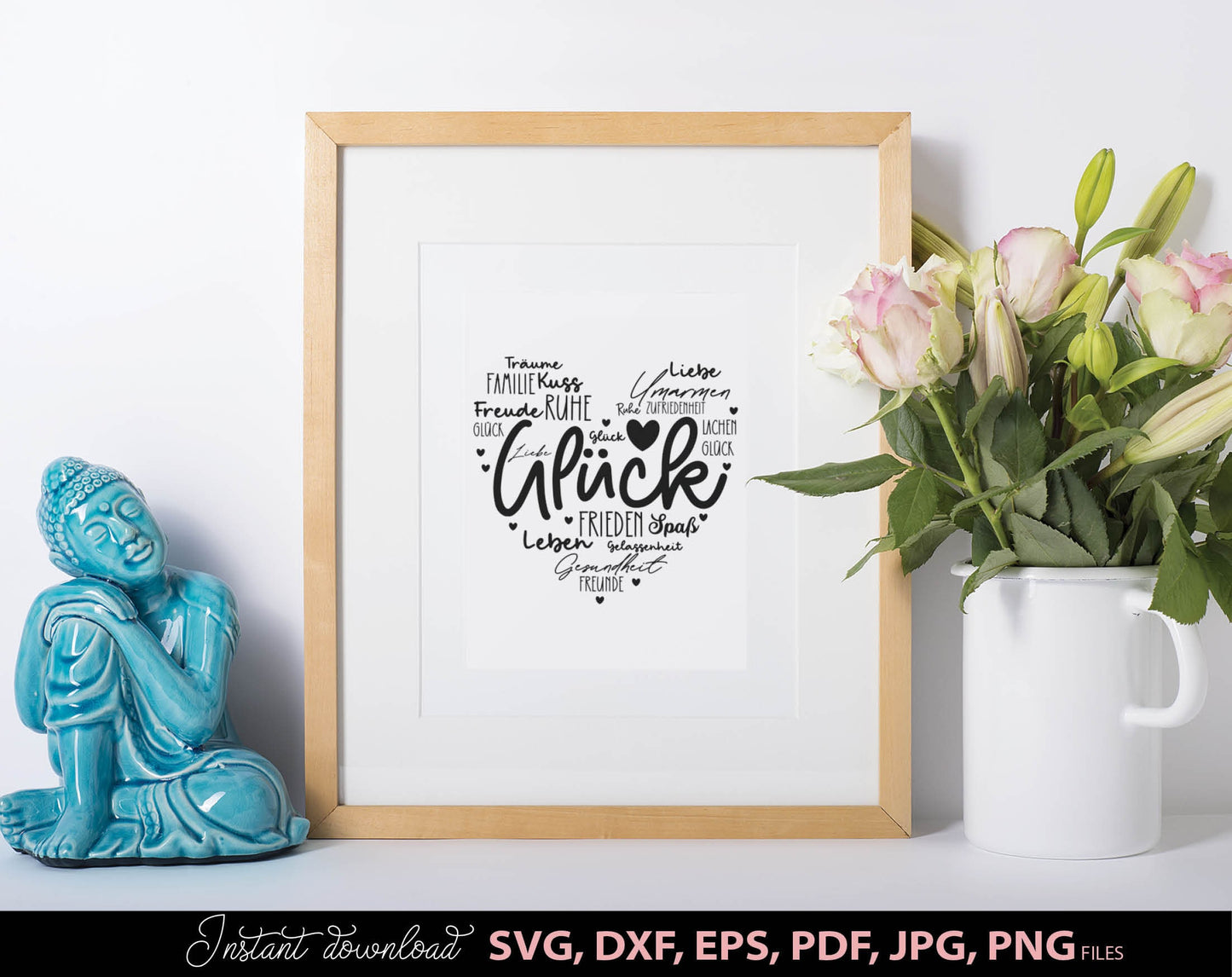 German Heart Desires Happiness Plotter File SVG DXF PNG JPG EPS and PDF Gluck Heart plot file. Compatible with Cricut, Silhouette and others machines. Use for sublimation or laser cut projects as well. Buy now for a good price and enjoy!