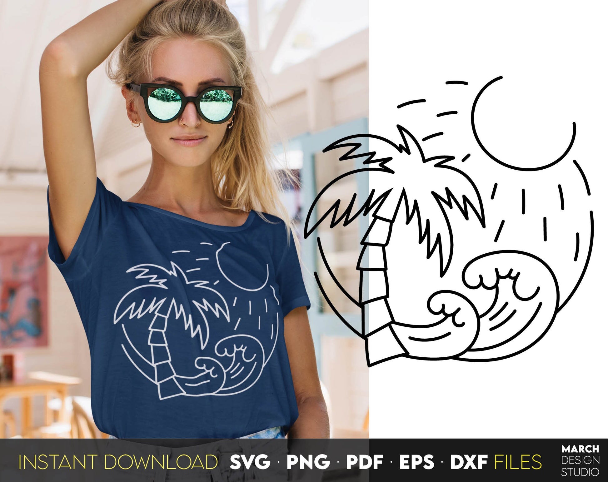 Summer sublimation design for Your beach shirt. Palm tree and ocean waves on it. Cut from vinyl, use for sublimation or laser cut/ grave projects. Compatible with Cricut, Silhouette or other machines. Buy now for a good price and enjoy!