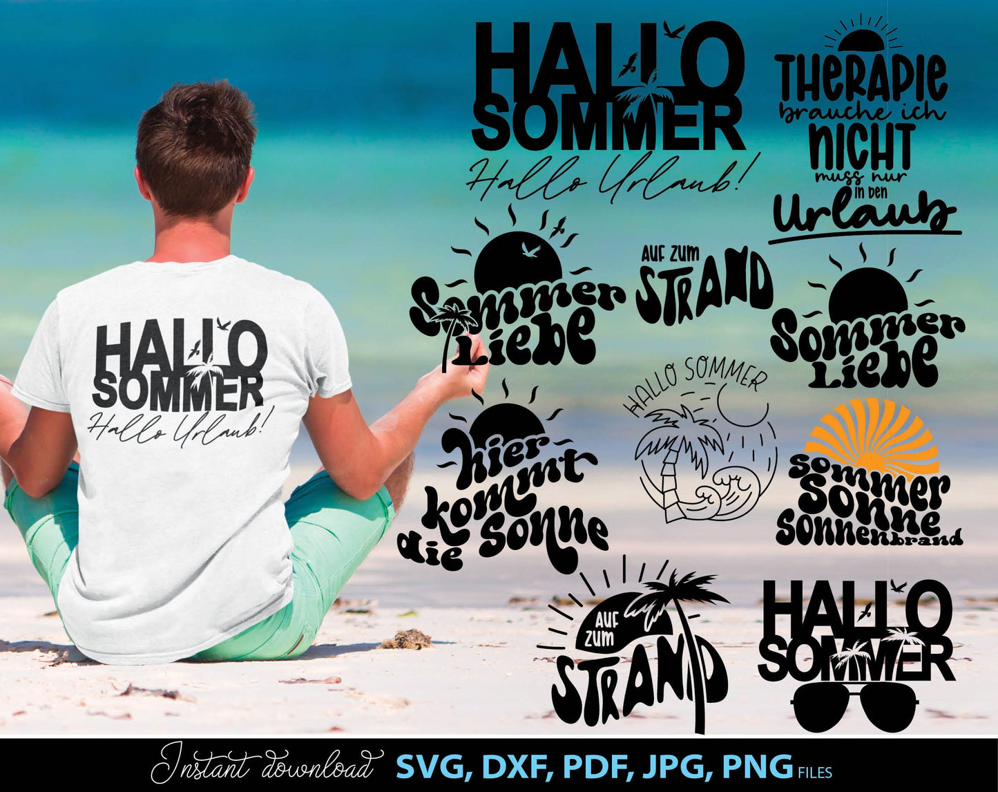 This German Sommer plotter file Bundle will help you create a unique designs for your summer vacation projects. All Plotter Cut Files come with Svg, Dxf, Png, Pdf and Jpg files.
This bundle includes holiday and beach design templates ready to use.