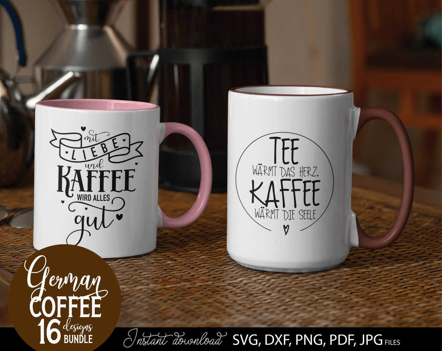 16 German coffee quotes plotter file bundle. SVG, DXF, PDF, PNG and JPG files included. Cut from vinyl, use for sublimation or laser cut / grave projects. Compatible with Cricut, Silhouette or other equipment. Buy now for a good price and enjoy!