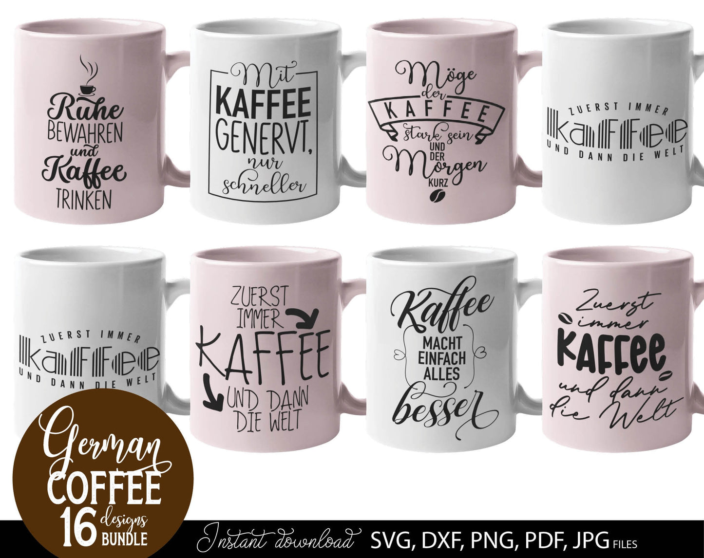 16 German coffee quotes plotter file bundle. SVG, DXF, PDF, PNG and JPG files included. Cut from vinyl, use for sublimation or laser cut / grave projects. Compatible with Cricut, Silhouette or other equipment. Buy now for a good price and enjoy!