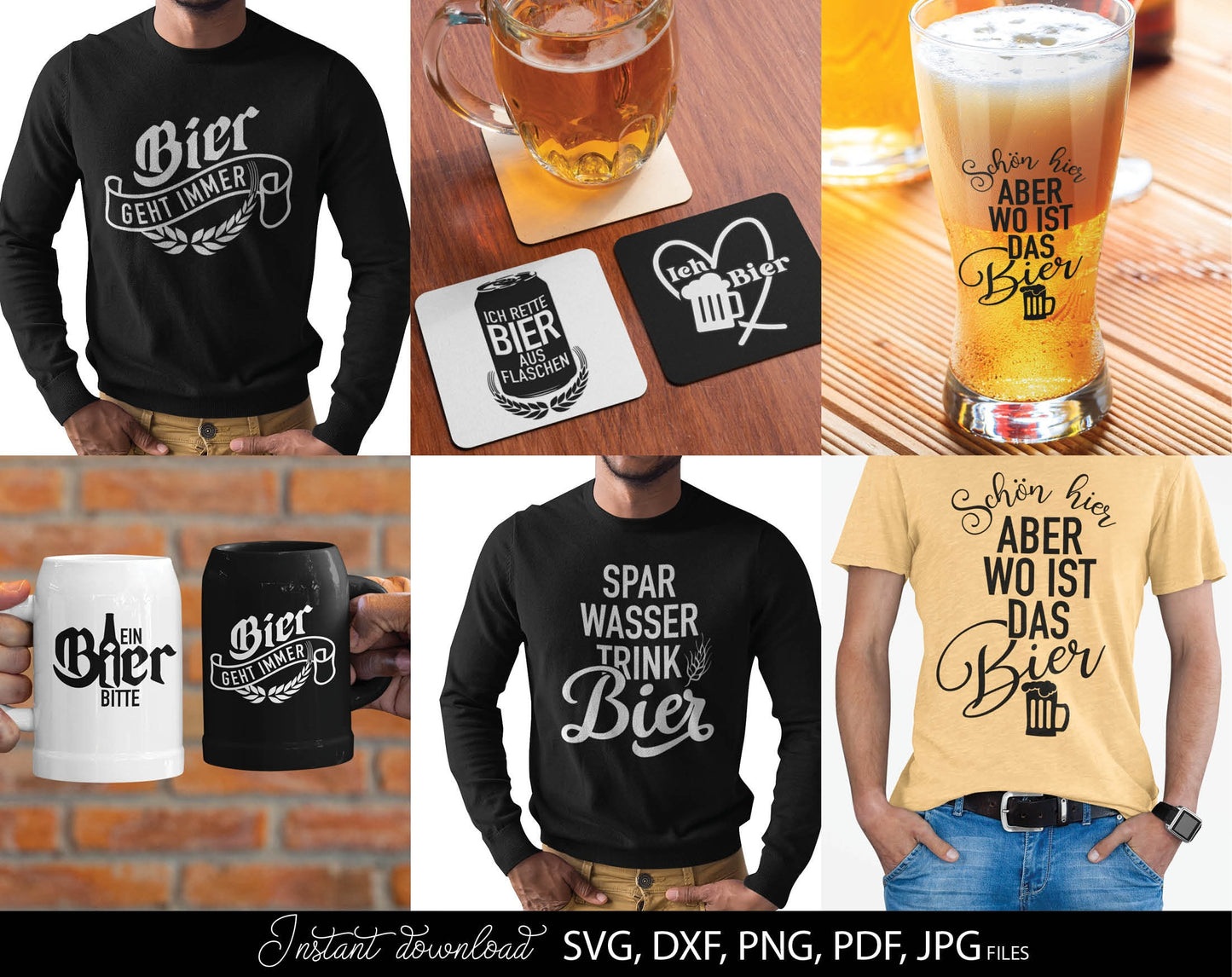 13 German bier lover quotes plotter file bundle. SVG, DXF, PDF, PNG, JPG files included. Cut from vinyl, use for sublimation or laser cut / grave projects. Compatible with Cricut, Silhouette or other equipment. Buy now for a good price and enjoy!