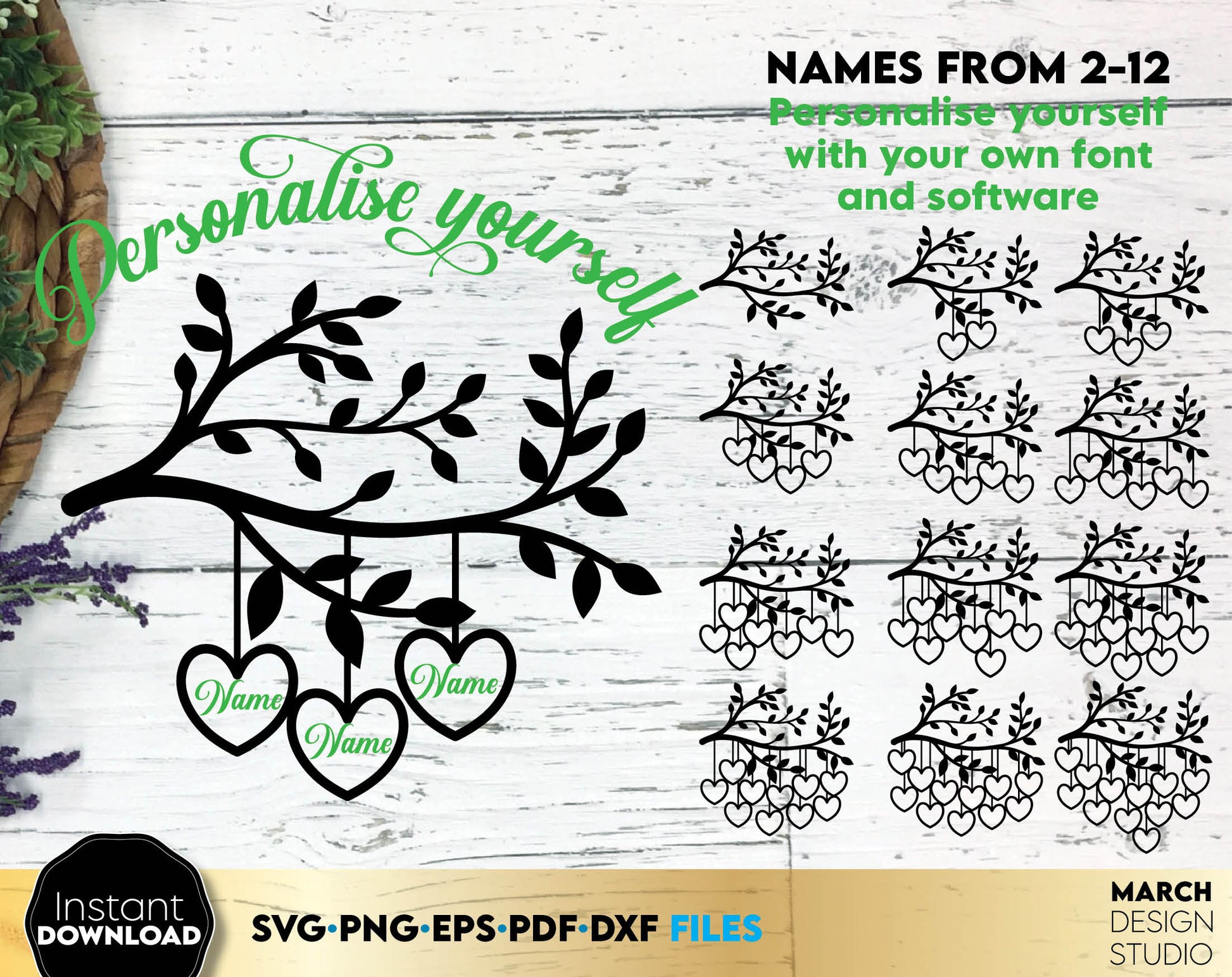 Family tree of life with name options from 2 - 12. Personalize yourself with your own font and software. SVG, PNG, EPS, PDF, DXF files included. Cut from vinyl, use for sublimation or laser cut / grave projects. Compatible with Cricut, Silhouette.