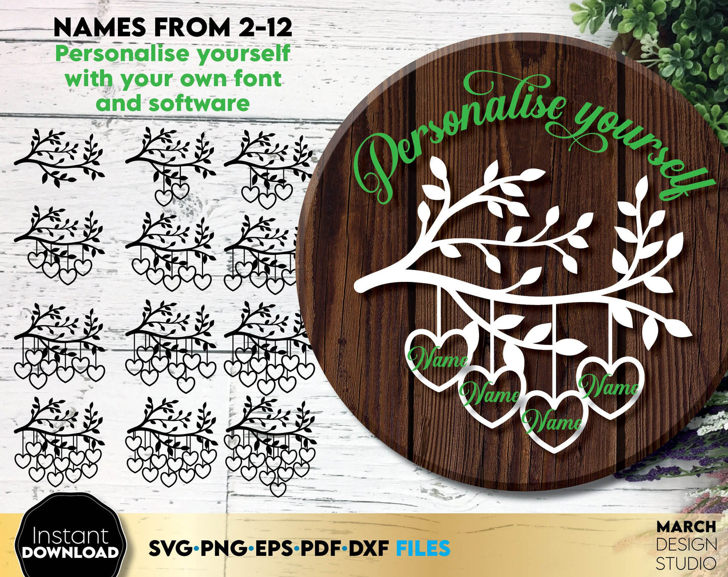 Family tree of life with name options from 2 - 12. Personalize yourself with your own font and software. SVG, PNG, EPS, PDF, DXF files included. Cut from vinyl, use for sublimation or laser cut / grave projects. Compatible with Cricut, Silhouette.