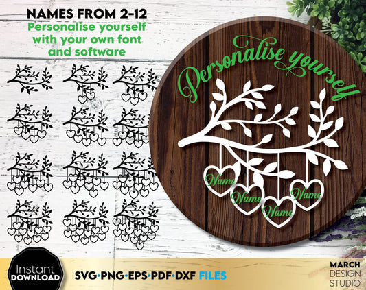 Family tree of life with name options from 2 - 12. Personalize yourself with your own font and software. SVG, PNG, EPS, PDF, DXF files included. Cut from vinyl, use for sublimation or laser cut / grave projects. Compatible with Cricut, Silhouette.