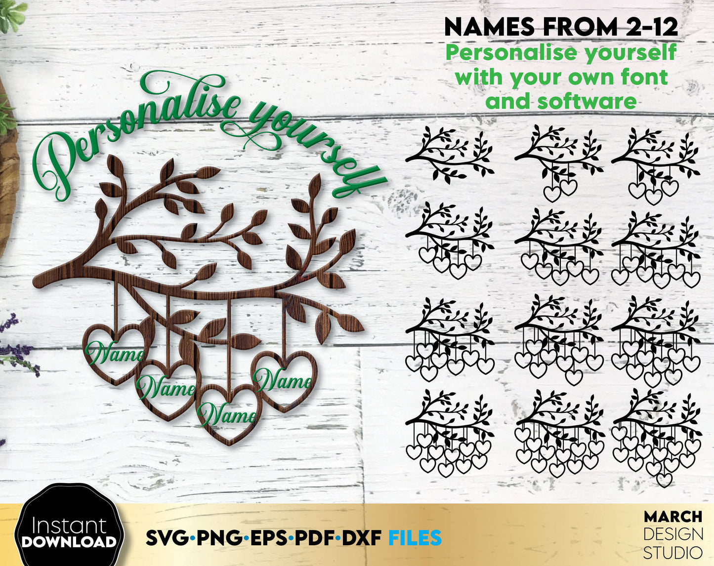 Family tree of life with name options from 2 - 12. Personalize yourself with your own font and software. SVG, PNG, EPS, PDF, DXF files included. Cut from vinyl, use for sublimation or laser cut / grave projects. Compatible with Cricut, Silhouette.