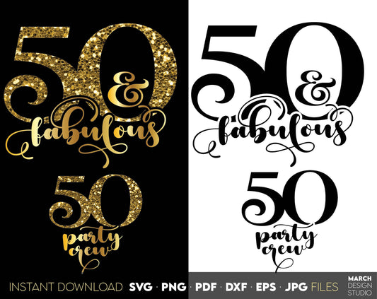 Set of 50 and fabulous Birthday and party crew shirt designs for cutting from vinyl and glittered PNG included for Your sublimation projects. SVG, PDF, JPG, EPS, DXF files included as well. Compatible with Cricut, Silhouette and other machines.