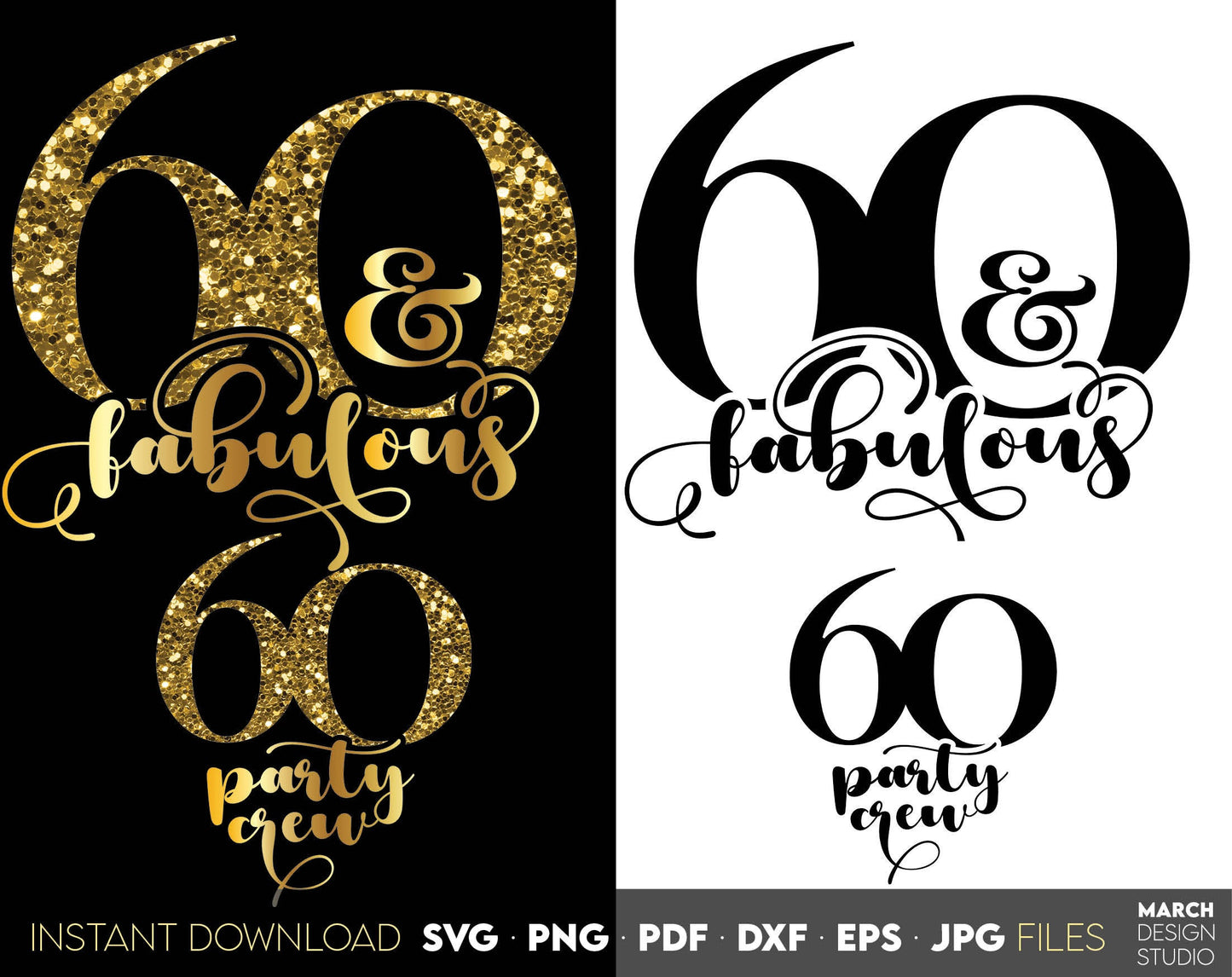 Set of 60 and fabulous Birthday and party crew shirt designs for cutting from vinyl and glittered PNG included for Your sublimation projects. SVG, PDF, JPG, EPS, DXF files included as well. Compatible with Cricut, Silhouette and other machines.