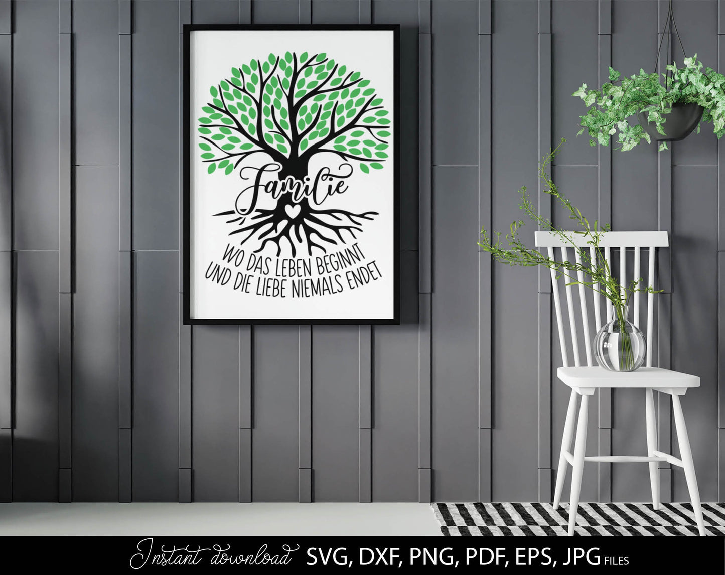 German tree of life and quote plotter file. Use for cutting from vinyl, for sublimation or laser cut projects. SVG, DXF, PNG, EPS, PDF and JPG files included. Compatible with Cricut, Silhouette and other equipment. Buy now for a good price and enjoy!