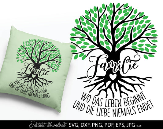 German tree of life and quote plotter file. Use for cutting from vinyl, for sublimation or laser cut projects. SVG, DXF, PNG, EPS, PDF and JPG files included. Compatible with Cricut, Silhouette and other equipment. Buy now for a good price and enjoy!