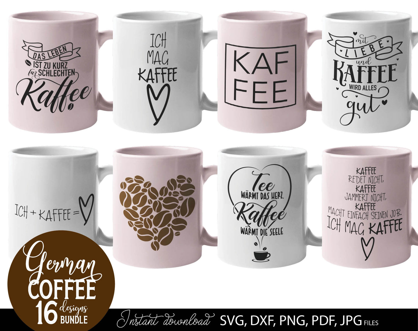 16 German coffee quotes plotter file bundle. SVG, DXF, PDF, PNG and JPG files included. Cut from vinyl, use for sublimation or laser cut / grave projects. Compatible with Cricut, Silhouette or other equipment. Buy now for a good price and enjoy!