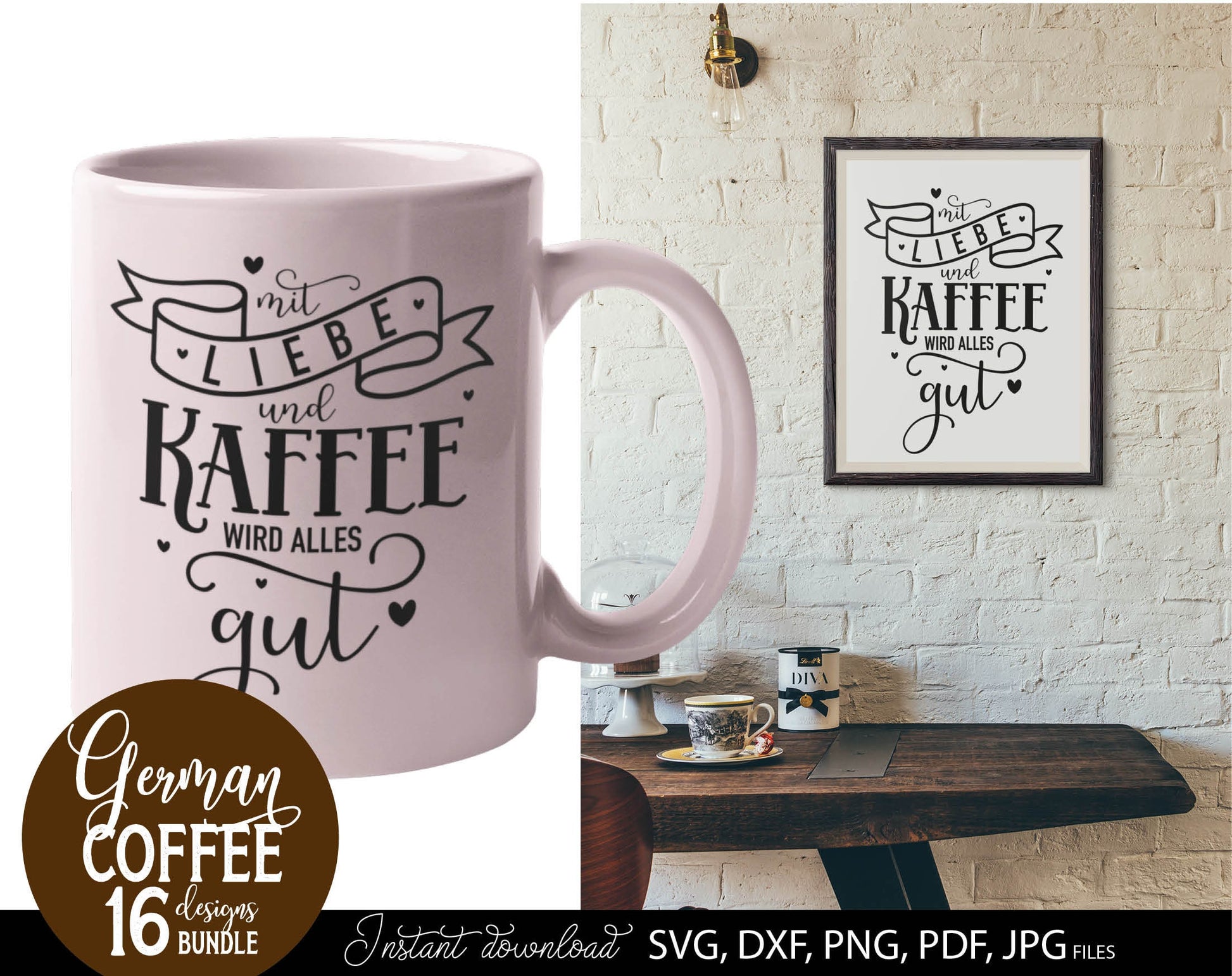 16 German coffee quotes plotter file bundle. SVG, DXF, PDF, PNG and JPG files included. Cut from vinyl, use for sublimation or laser cut / grave projects. Compatible with Cricut, Silhouette or other equipment. Buy now for a good price and enjoy!