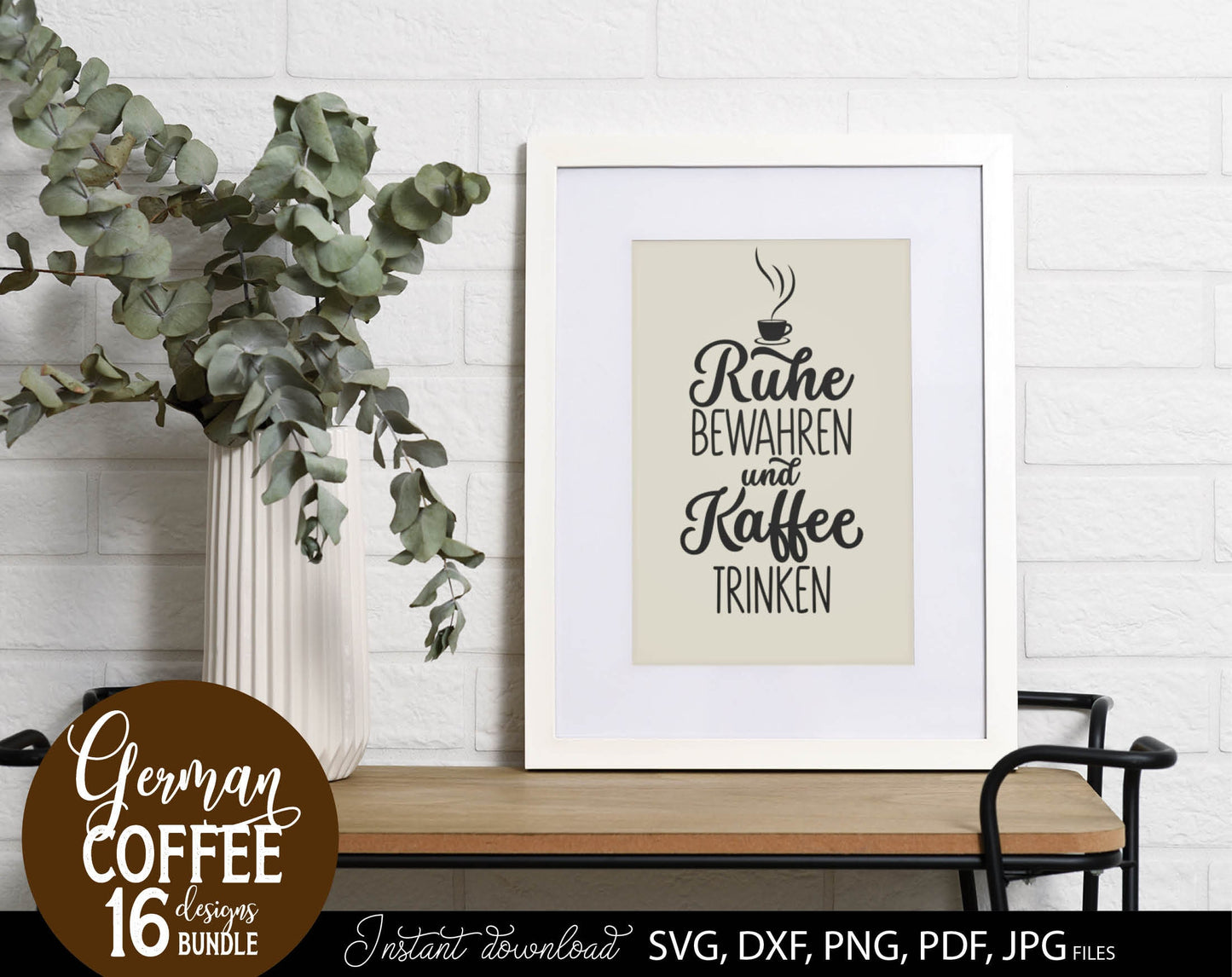 16 German coffee quotes plotter file bundle. SVG, DXF, PDF, PNG and JPG files included. Cut from vinyl, use for sublimation or laser cut / grave projects. Compatible with Cricut, Silhouette or other equipment. Buy now for a good price and enjoy!