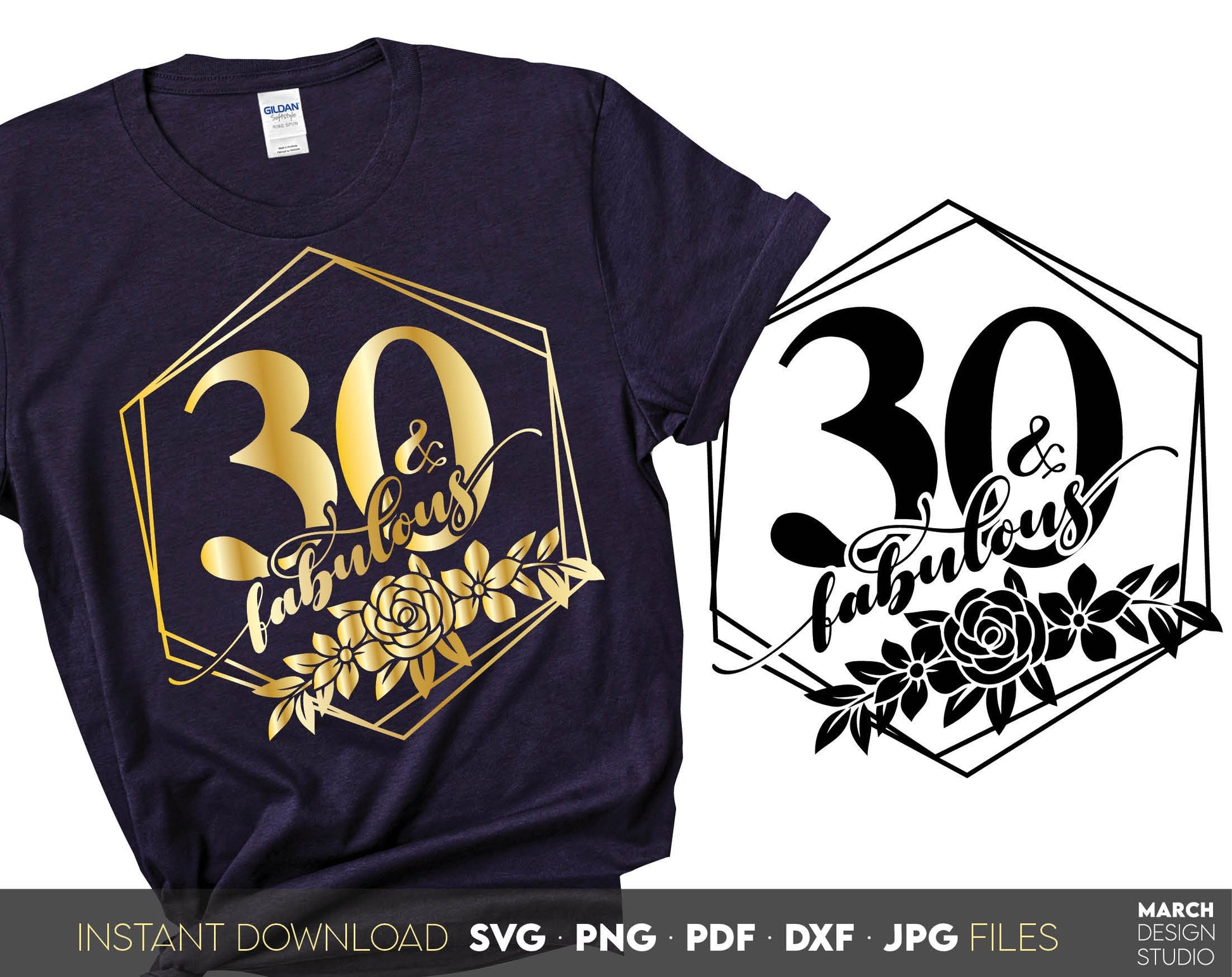 30 and fabulous birthday shirt design with floral frame. SVG, PNG, PDF, DXF, JPG files included. Cut from vinyl, use for sublimation or laser cut projects. Compatible with Cricut, Silhouette or other equipment! Buy now for a good price and enjoy!